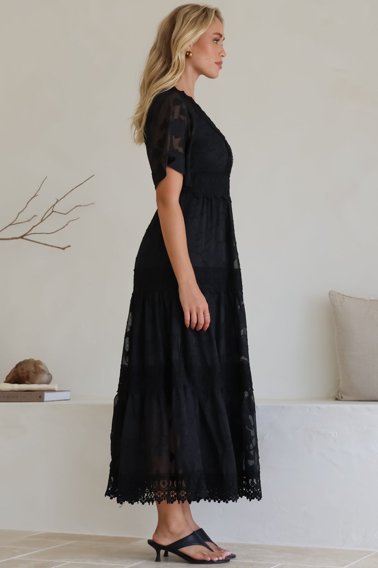 Madeline Maxi Dress - Lace Trim Embroidered A Line Dress in Black