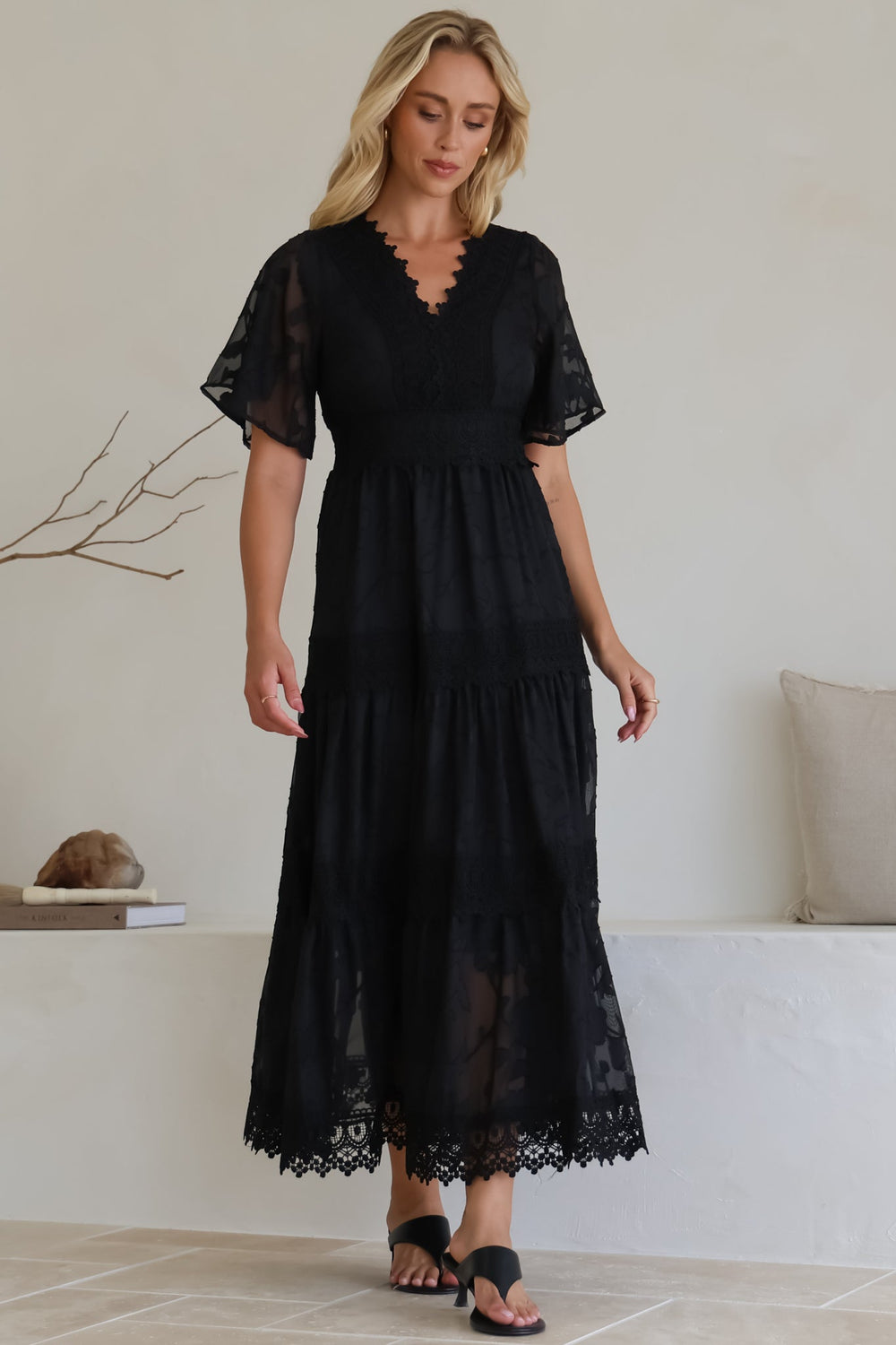 Madeline Maxi Dress - Lace Trim Embroidered A Line Dress in Black