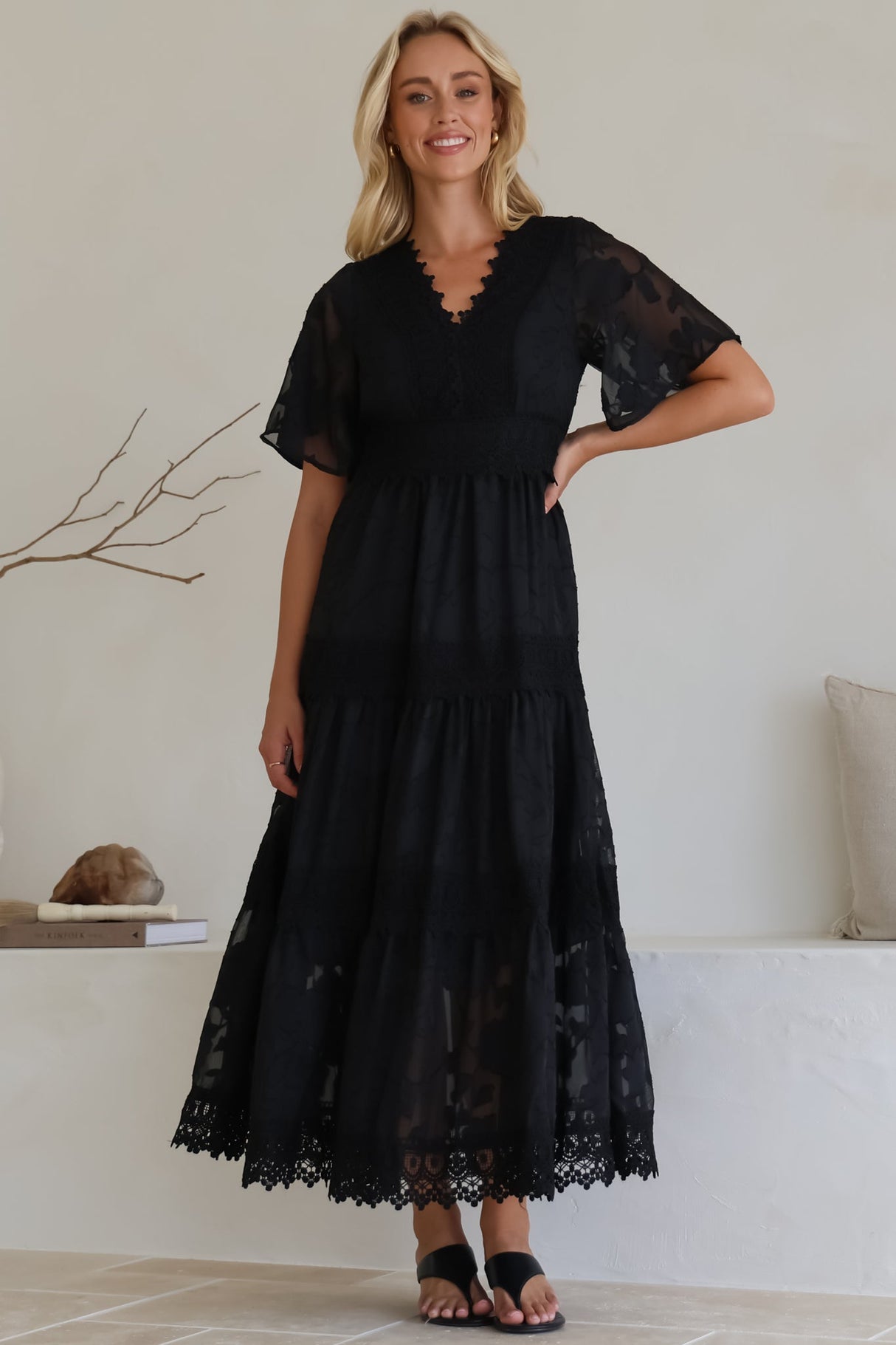 Madeline Maxi Dress - Lace Trim Embroidered A Line Dress in Black