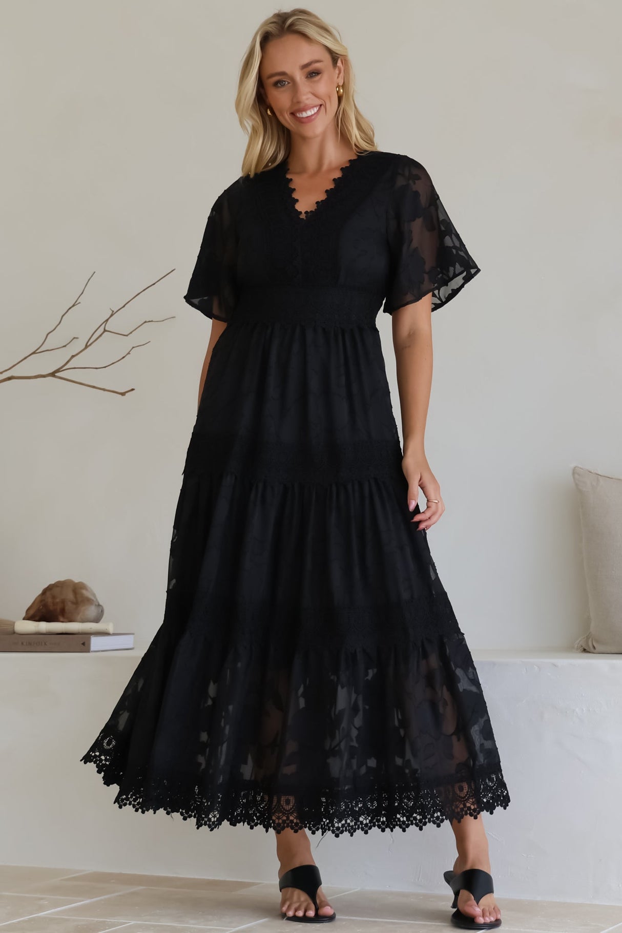 Madeline Maxi Dress - Lace Trim Embroidered A Line Dress in Black