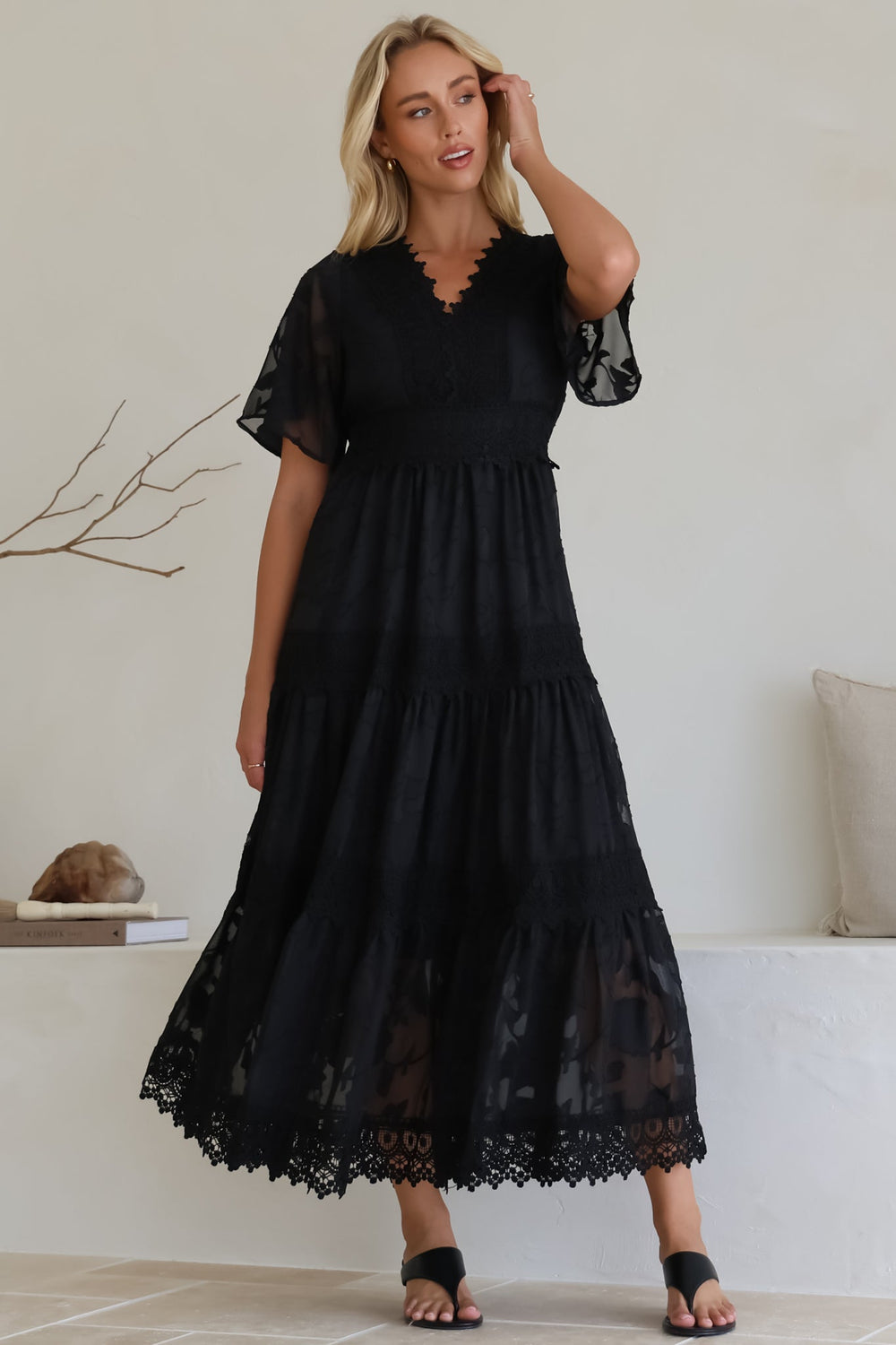 Madeline Maxi Dress - Lace Trim Embroidered A Line Dress in Black
