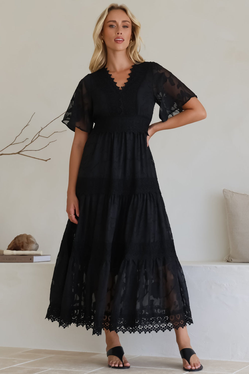 Madeline Maxi Dress - Lace Trim Embroidered A Line Dress in Black
