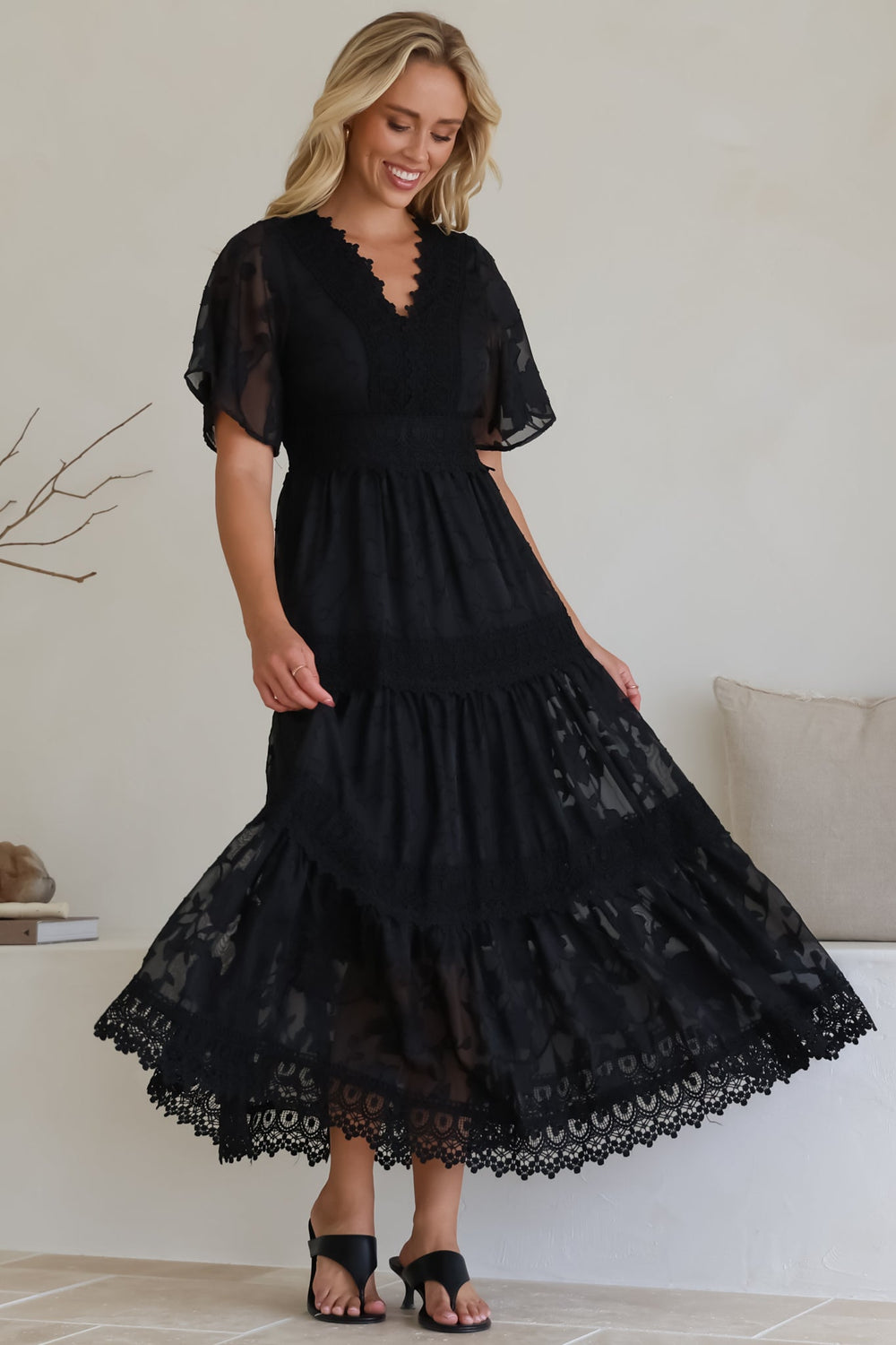 Madeline Maxi Dress - Lace Trim Embroidered A Line Dress in Black