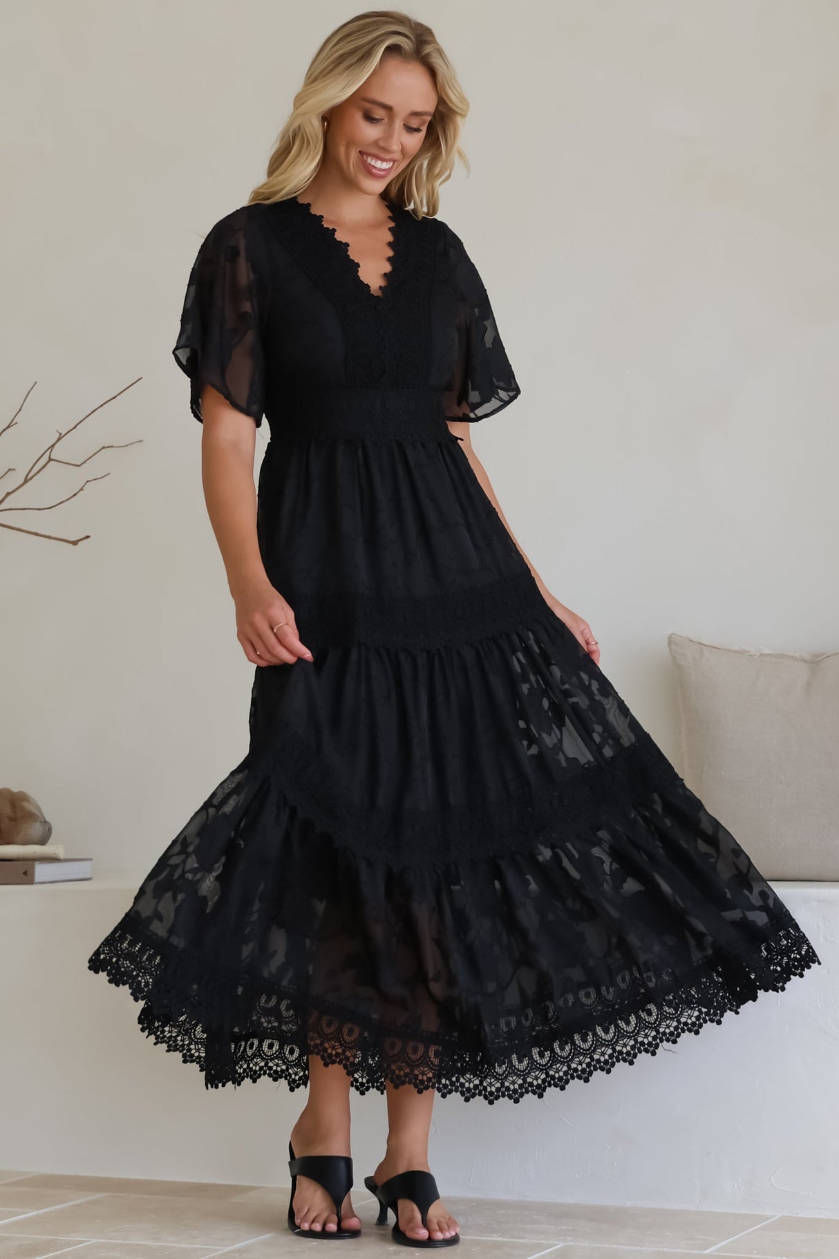 Madeline Maxi Dress - Lace Trim Embroidered A Line Dress in Black