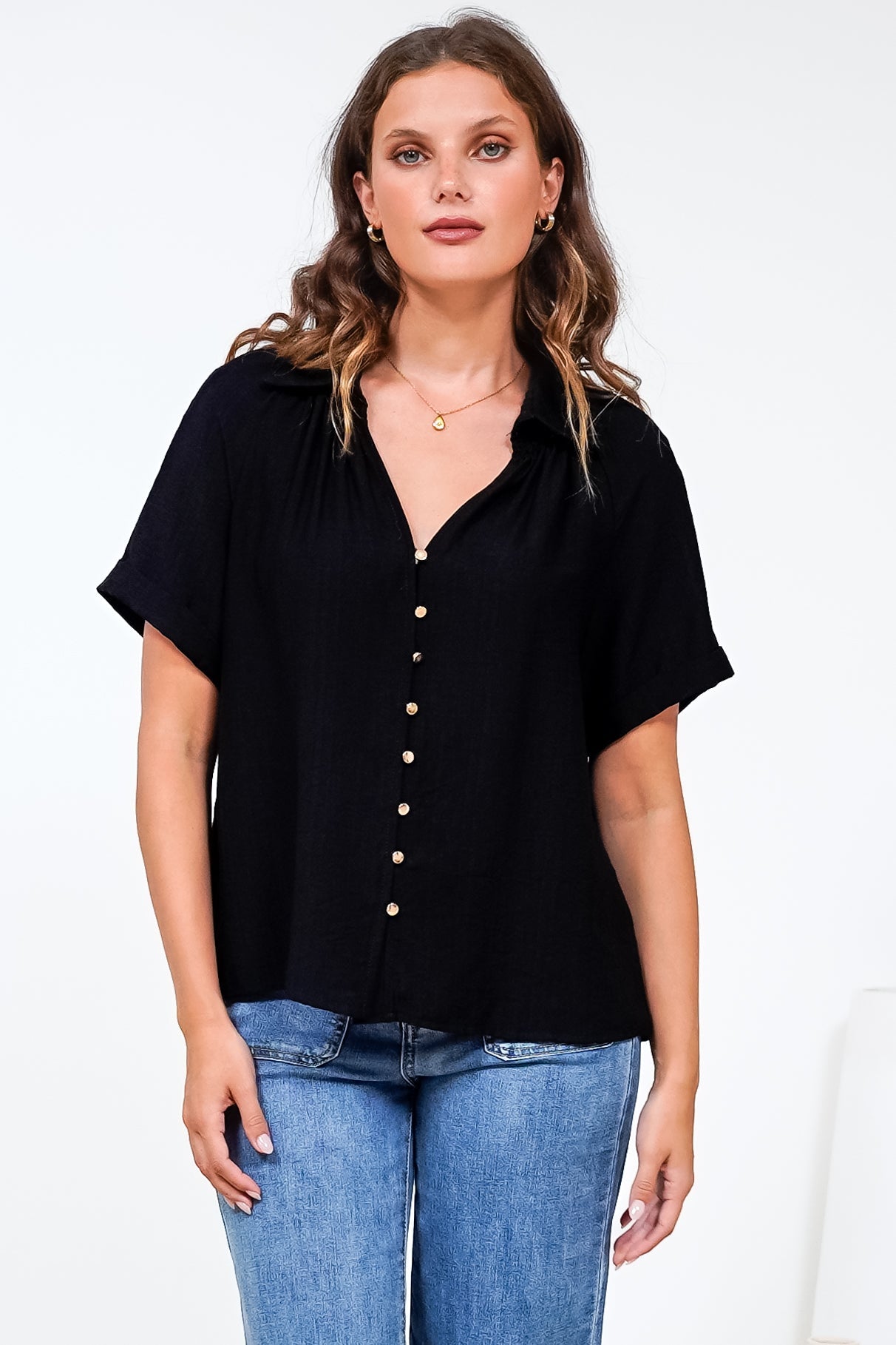 Madge Blouse - Collared Button Down with Short Sleeves in Black