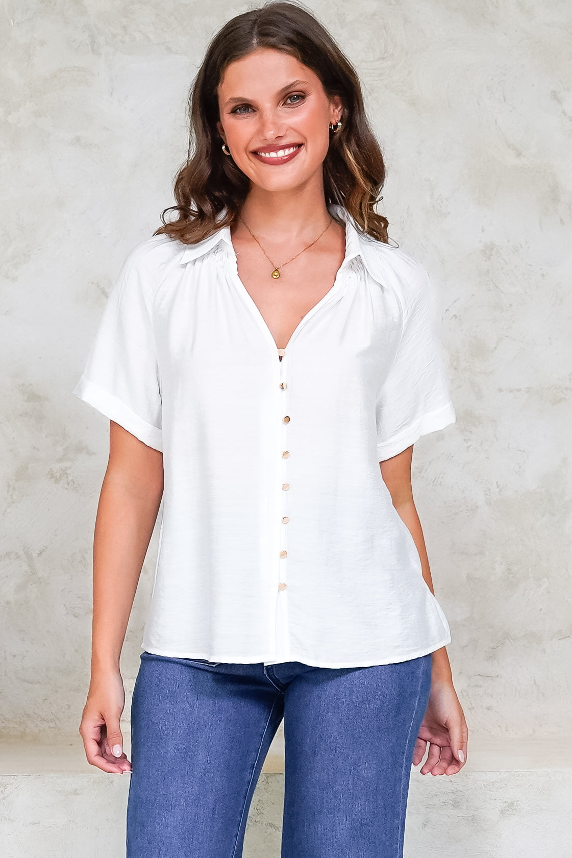 Madge Blouse - Collared Button Down with Short Sleeves in White
