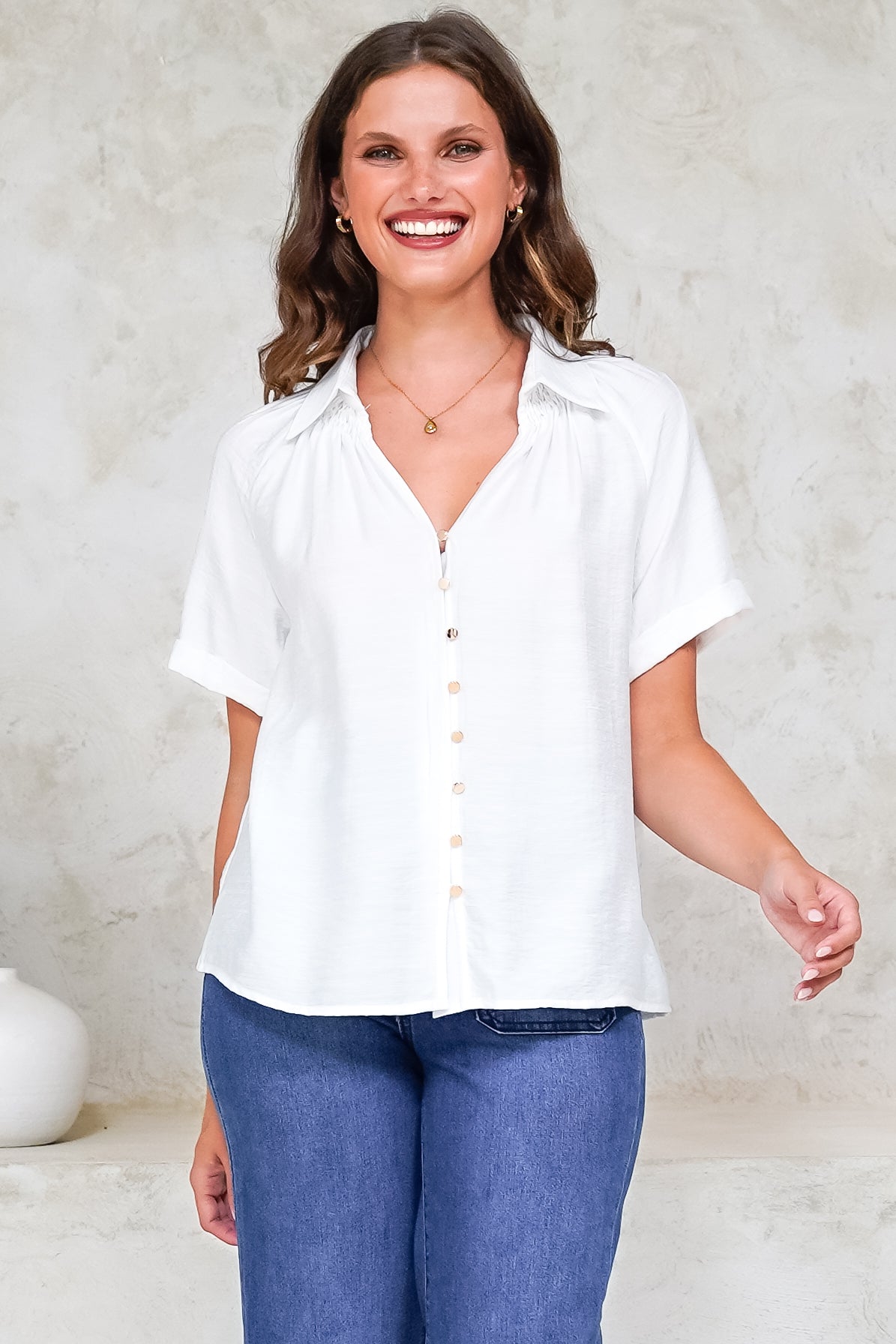Madge Blouse - Collared Button Down with Short Sleeves in White