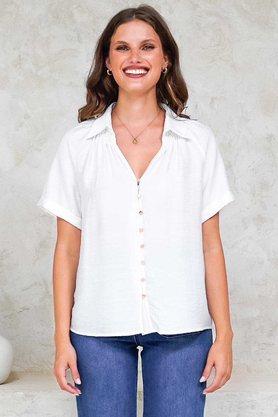 Madge Blouse - Collared Button Down with Short Sleeves in White