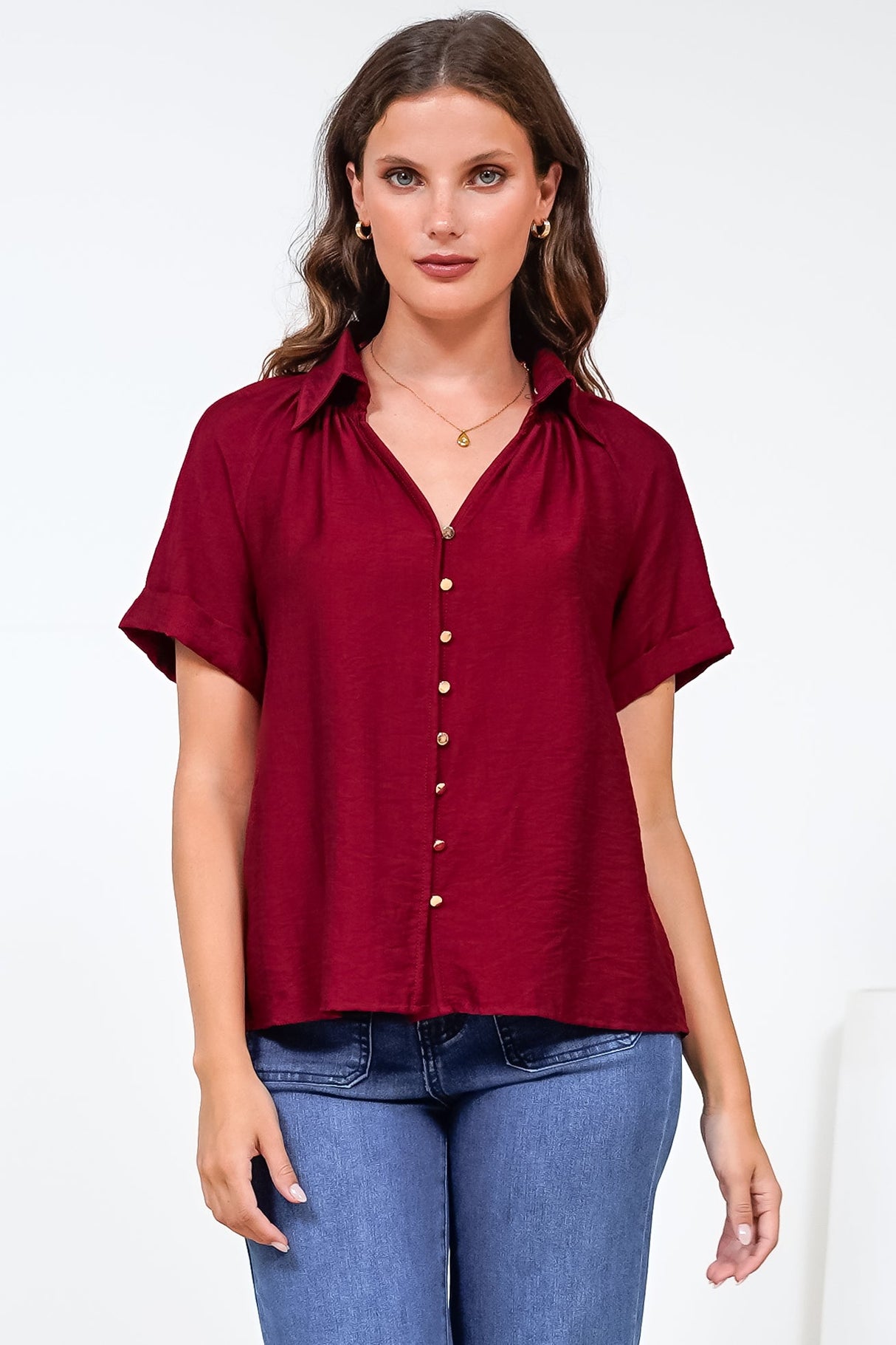 Madge Blouse - Collared Button Down with Short Sleeves in Wine