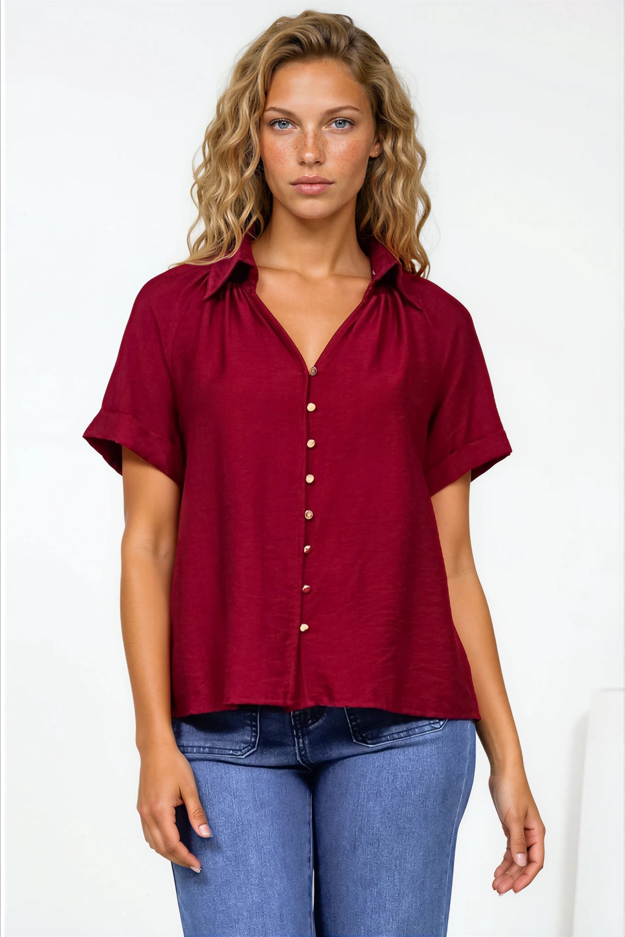 Madge Blouse - Collared Button Down with Short Sleeves in Wine