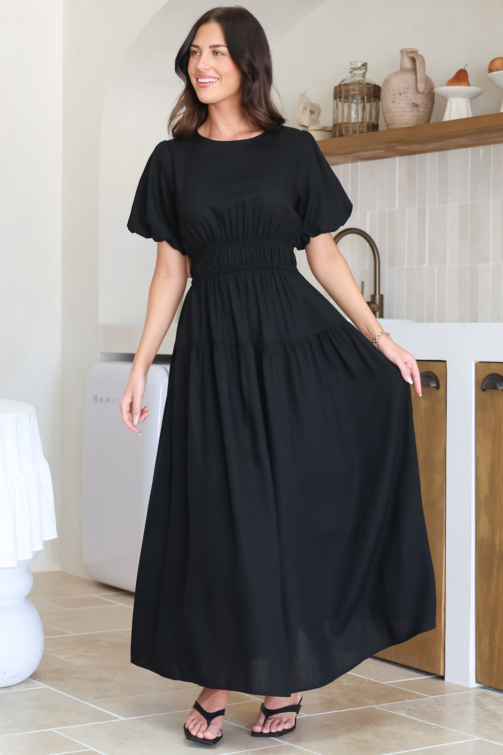 Maeana Maxi Dress - Short Balloon Sleeeve Elasticated Waist A Line Dress in Black