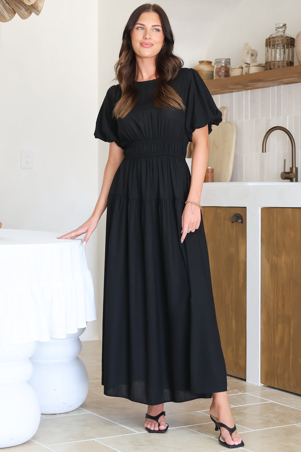 Maeana Maxi Dress - Short Balloon Sleeeve Elasticated Waist A Line Dress in Black