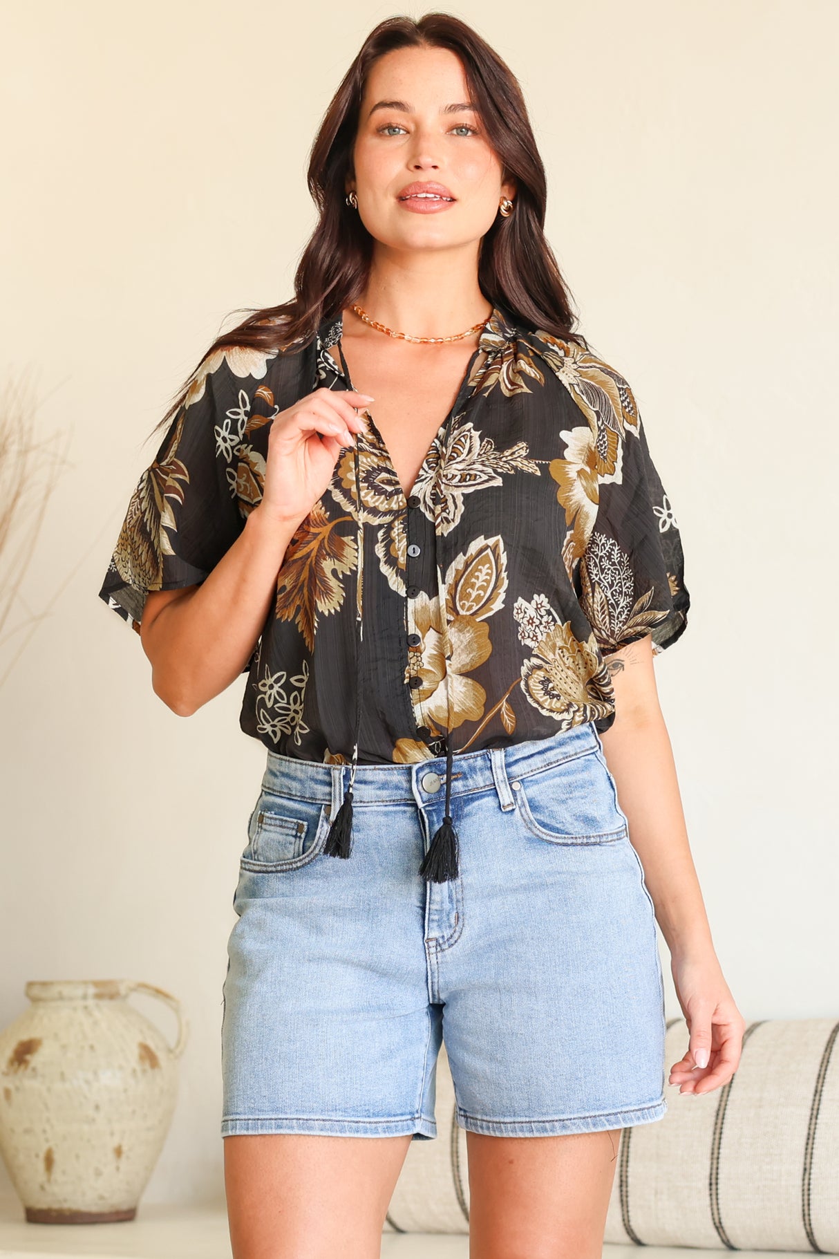 Maia Top - V-Neck with Neck Tassel Tie and Short Sleeve Button Down in Shanina Print Black