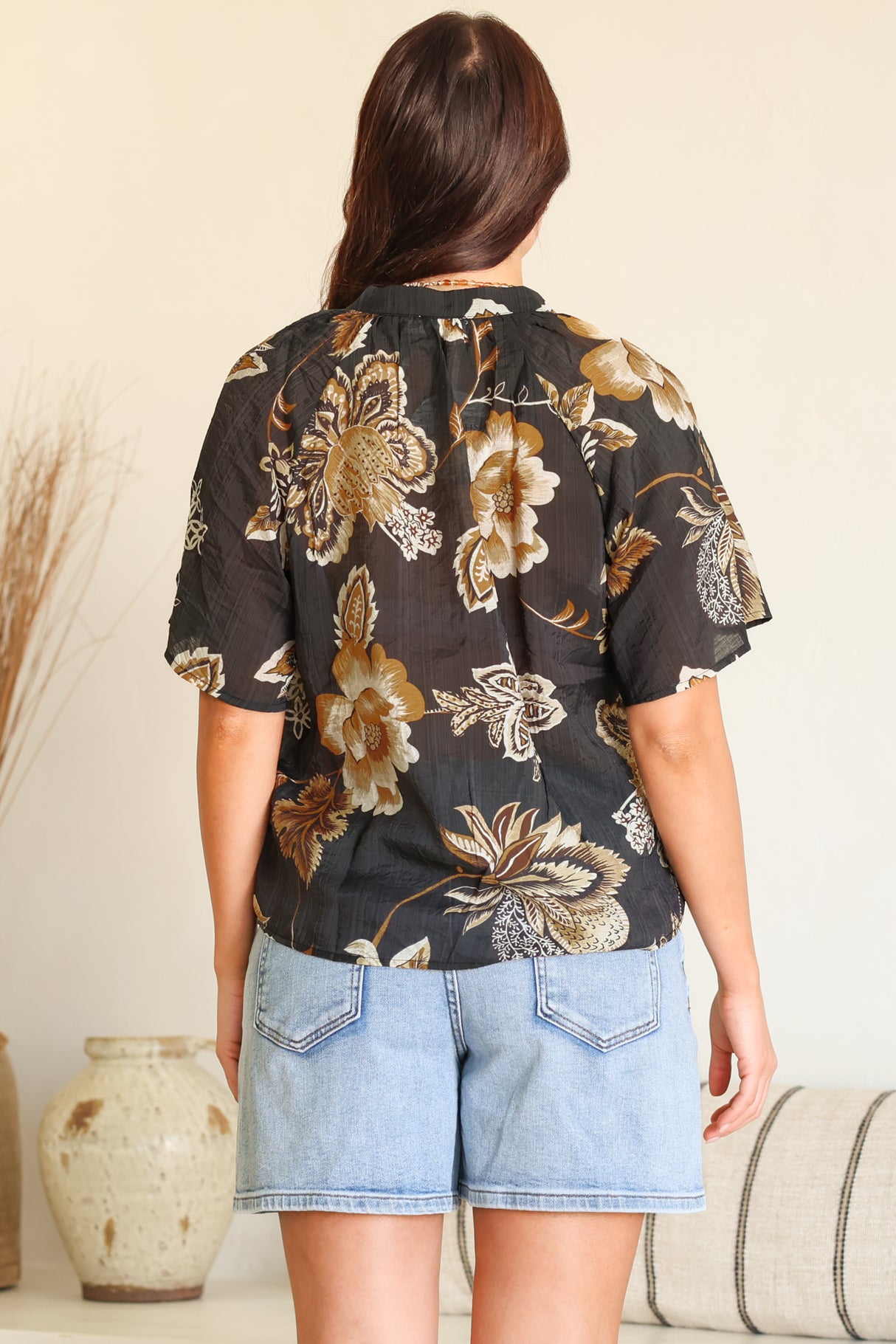 Maia Top - V-Neck with Neck Tassel Tie and Short Sleeve Button Down in Shanina Print Black