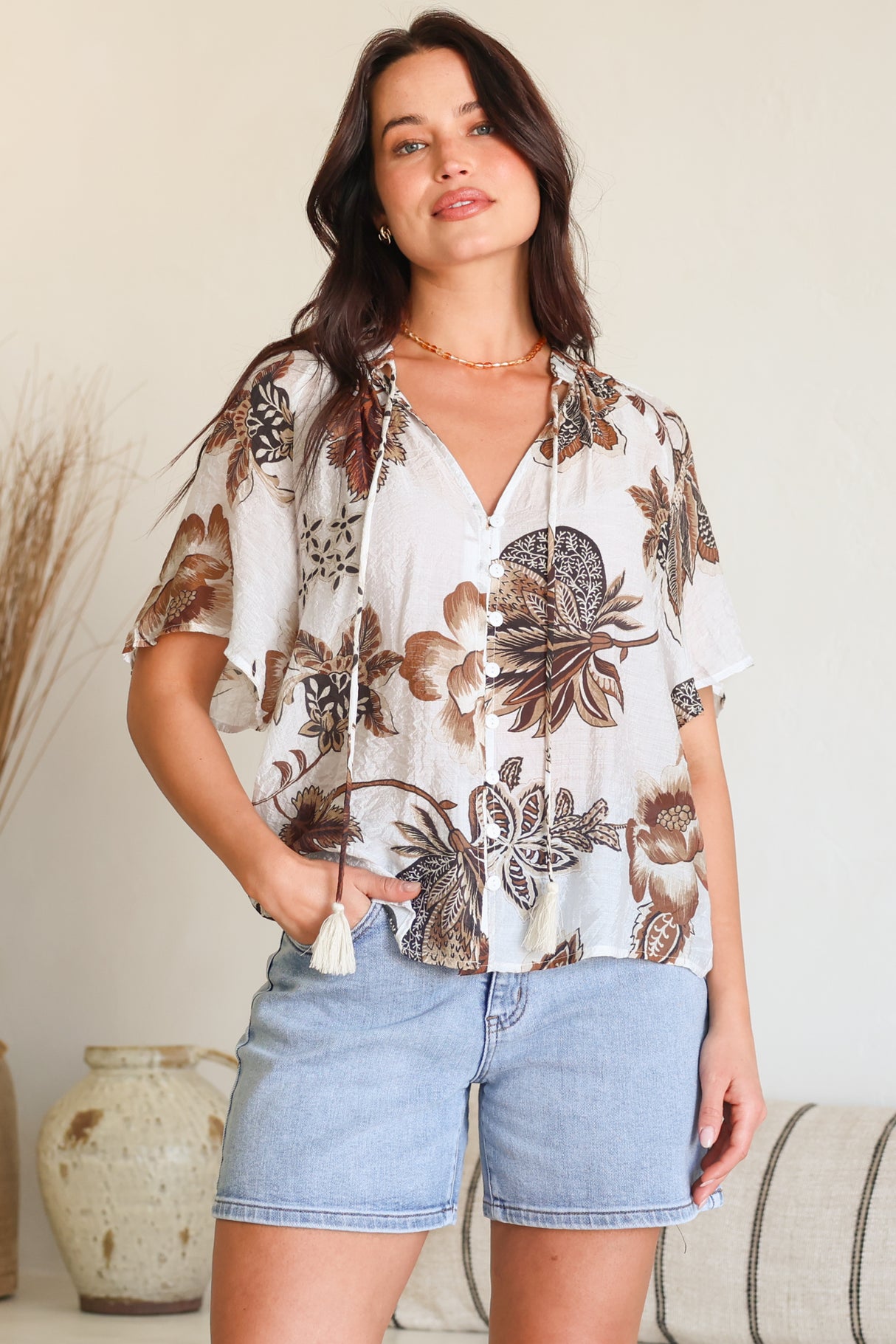 Maia Top - V-Neck with Neck Tassel Tie and Short Sleeve Button Down in Shanina Print White