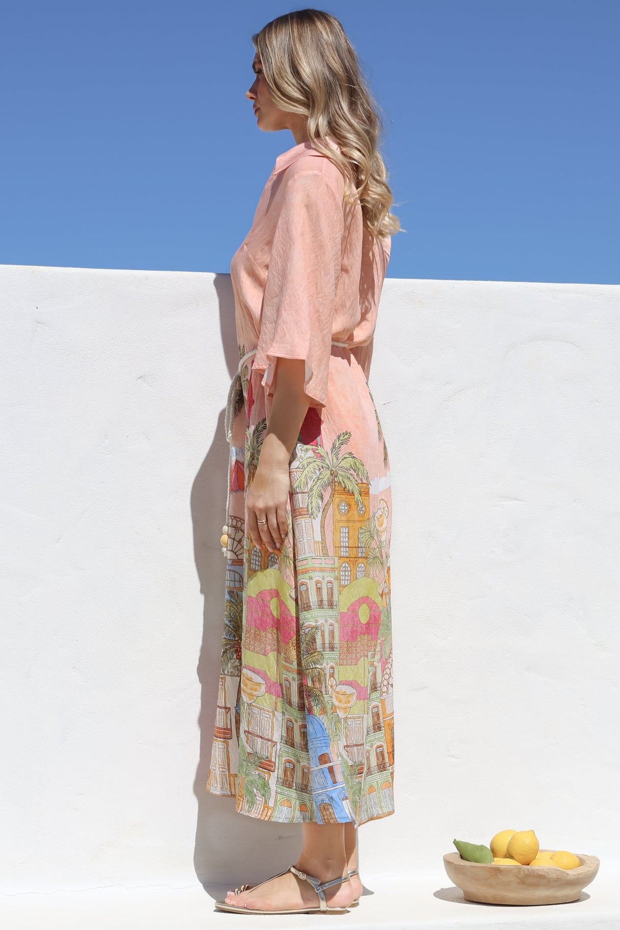 Maisy Midi Dress - Collared Shift Dress with Robe Belt and Bell Sleeves in Tullia Print