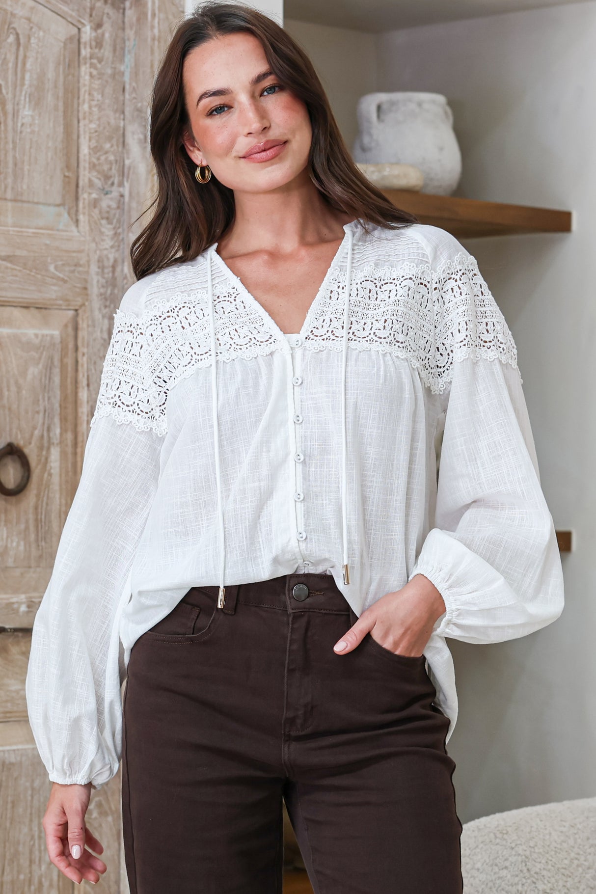 Model wearing Maldon Blouse in White from Salty Crush
