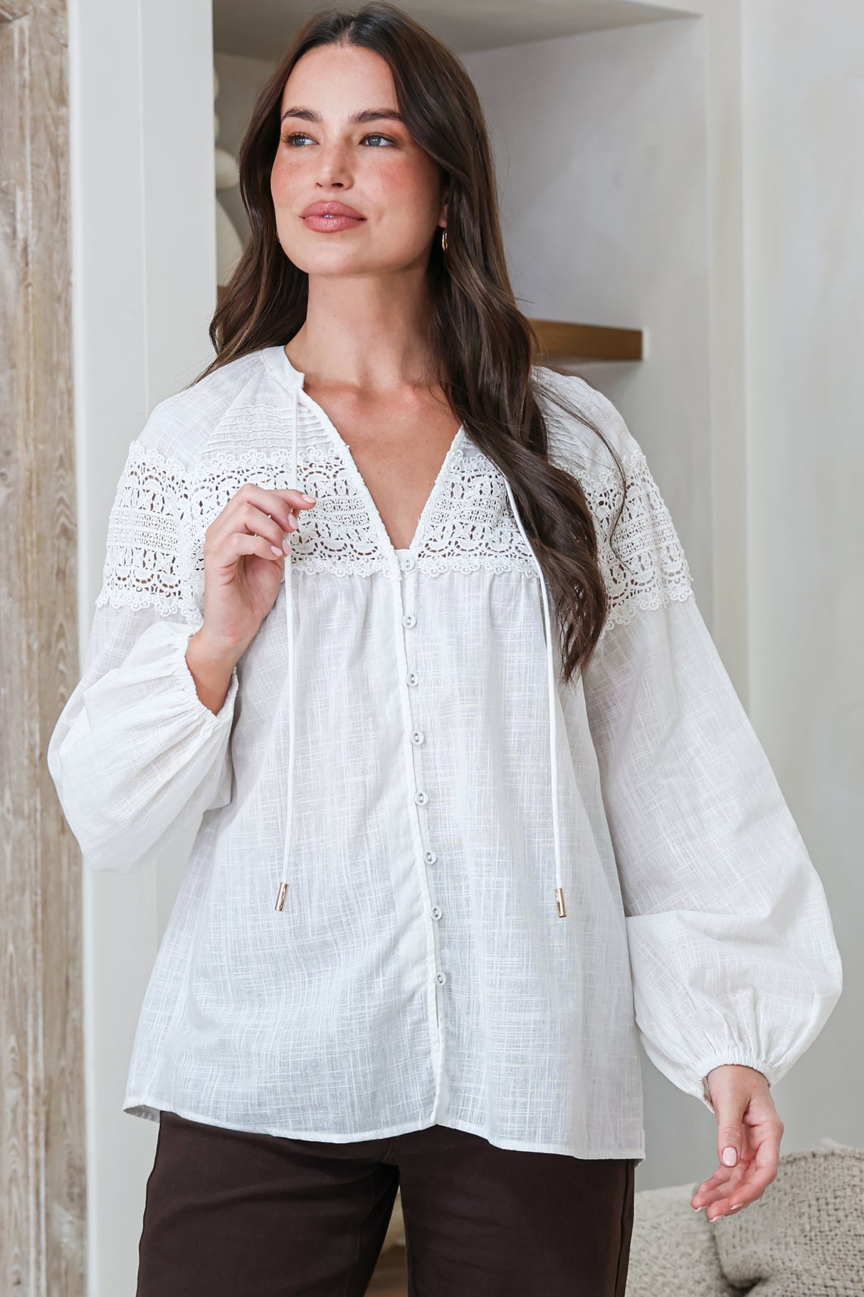 Maldon Blouse - Lace Yoke Neckline Button Down with Neck Tie and Long Sleeves in White