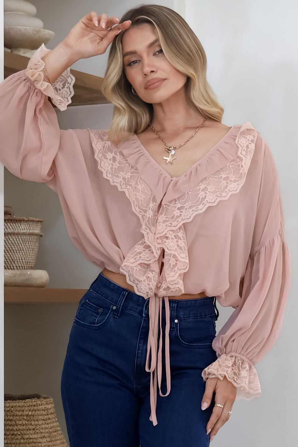 Mallin Blouse - Cascading Ruffles and Lace Crop with Balloon Sleeves in Pink