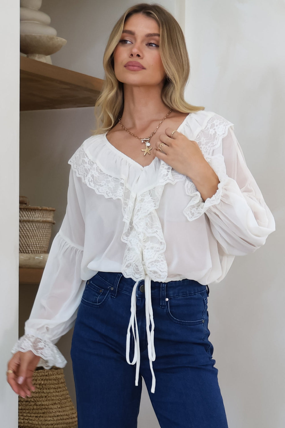 Mallin Blouse - Cascading Ruffles and Lace Crop with Balloon Sleeves in White