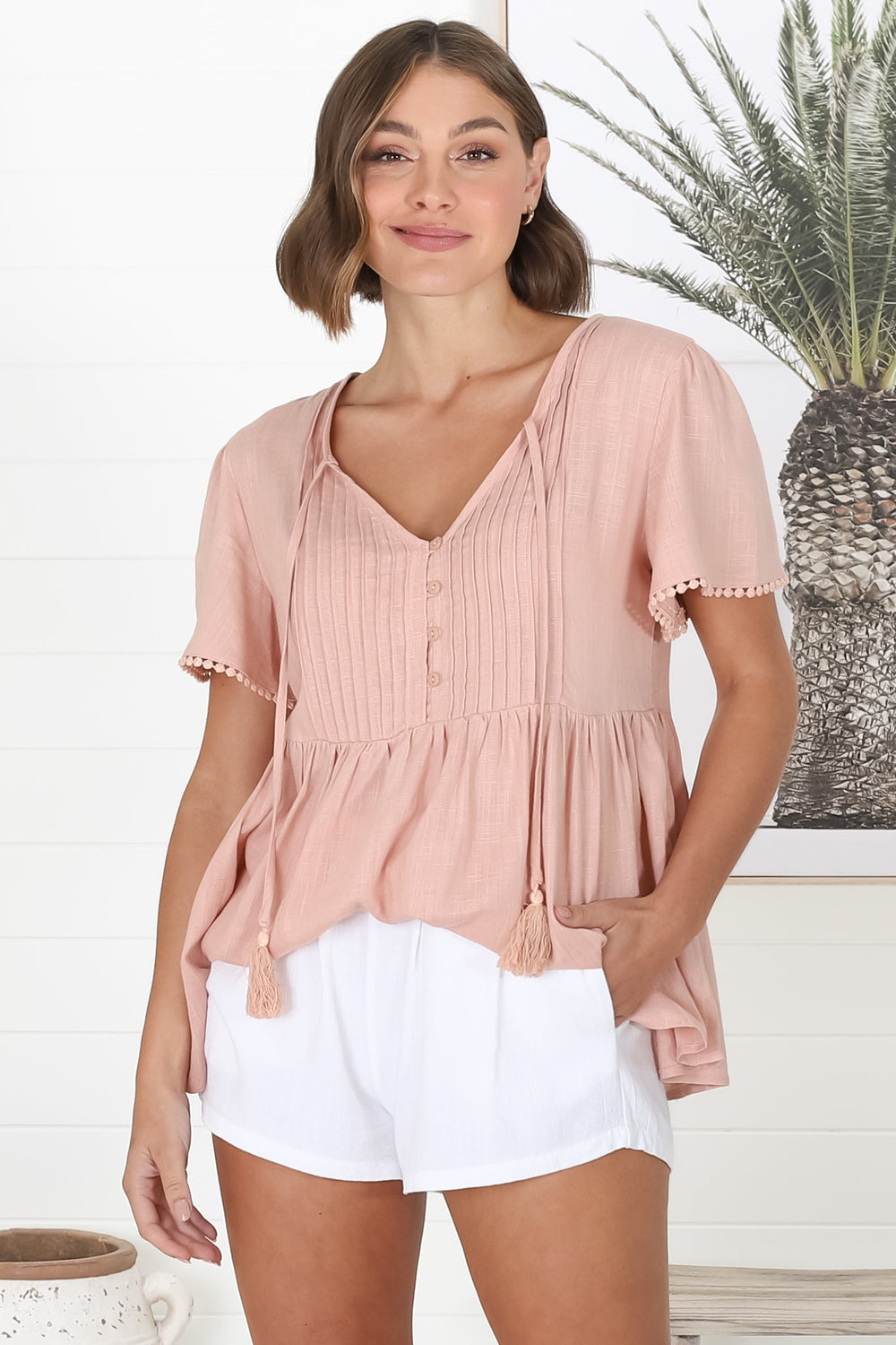 Mallory Top - Pleated Bodice Crochet Trim Cap Sleeve Smock Top in Blush