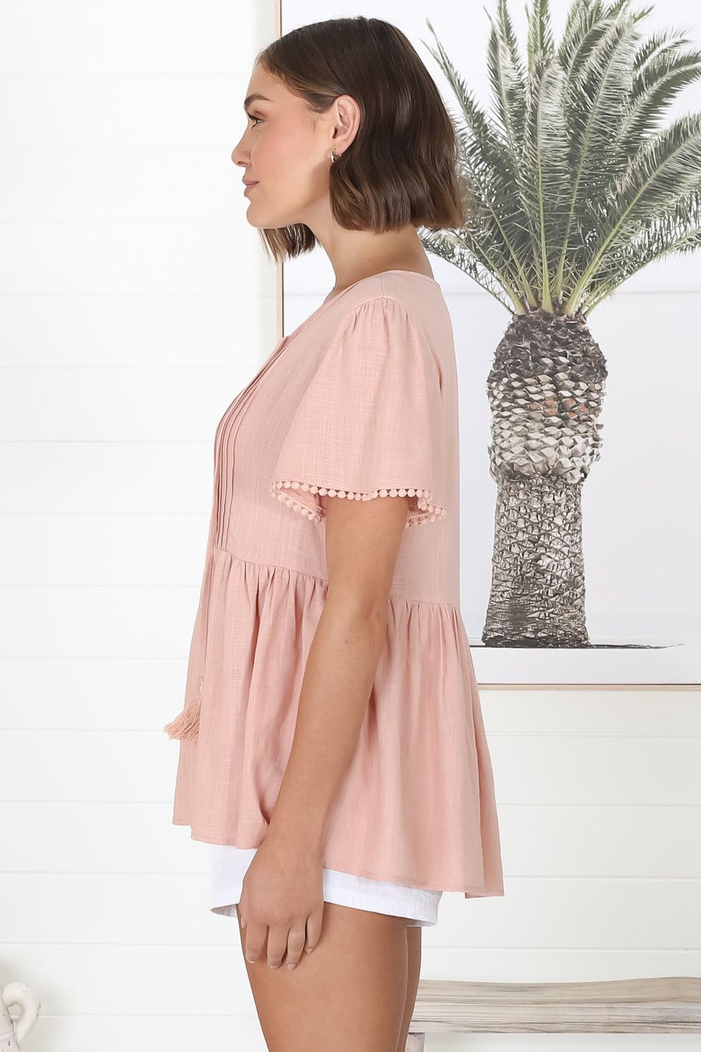 Mallory Top - Pleated Bodice Crochet Trim Cap Sleeve Smock Top in Blush