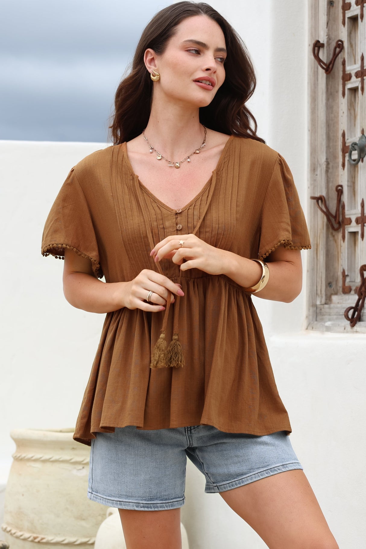 Mallory Top - Pleated Bodice Crochet Trim Cap Sleeve Smock Top in Terracotta