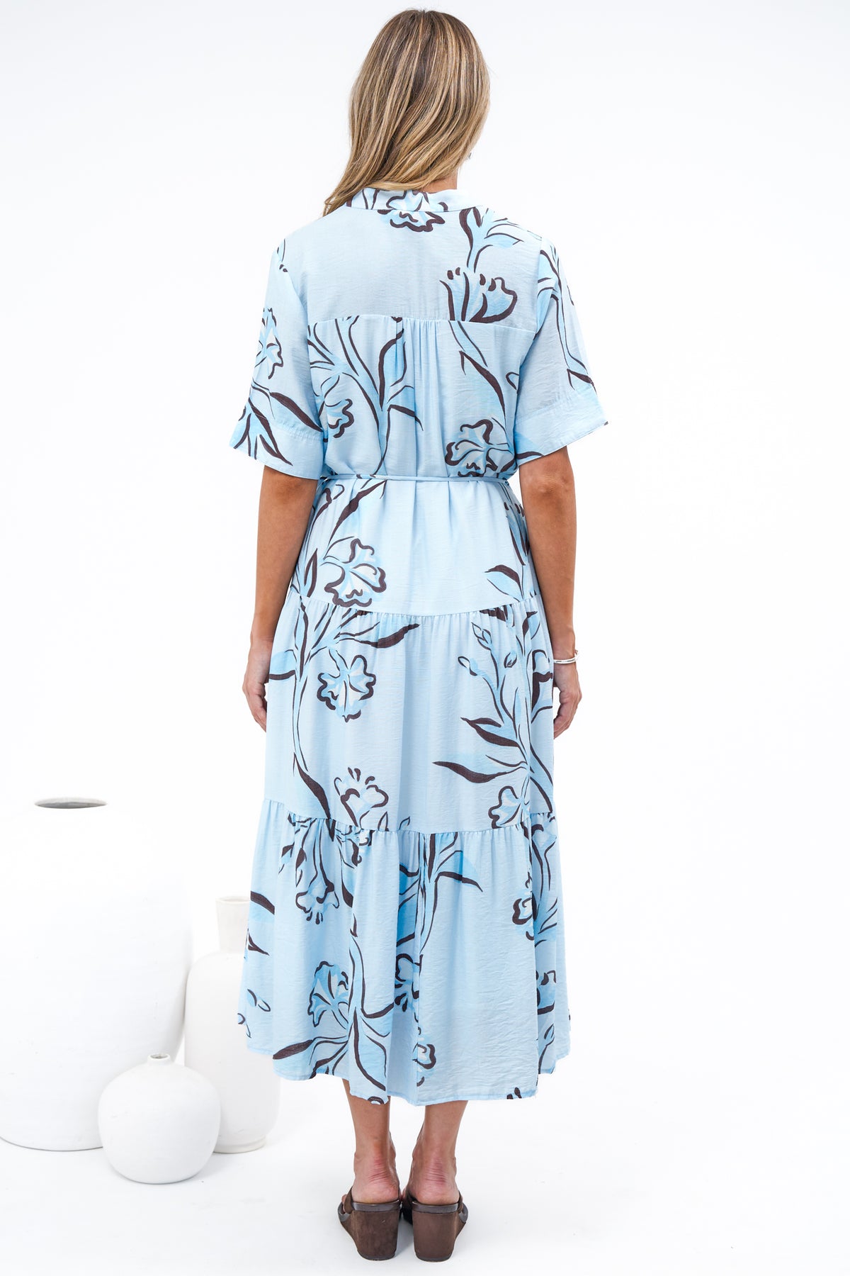 Malva Midi Dress - Split Collar Wavy Trim Detailed Shirt Dress with Waist Tie in Ocean Muse Print