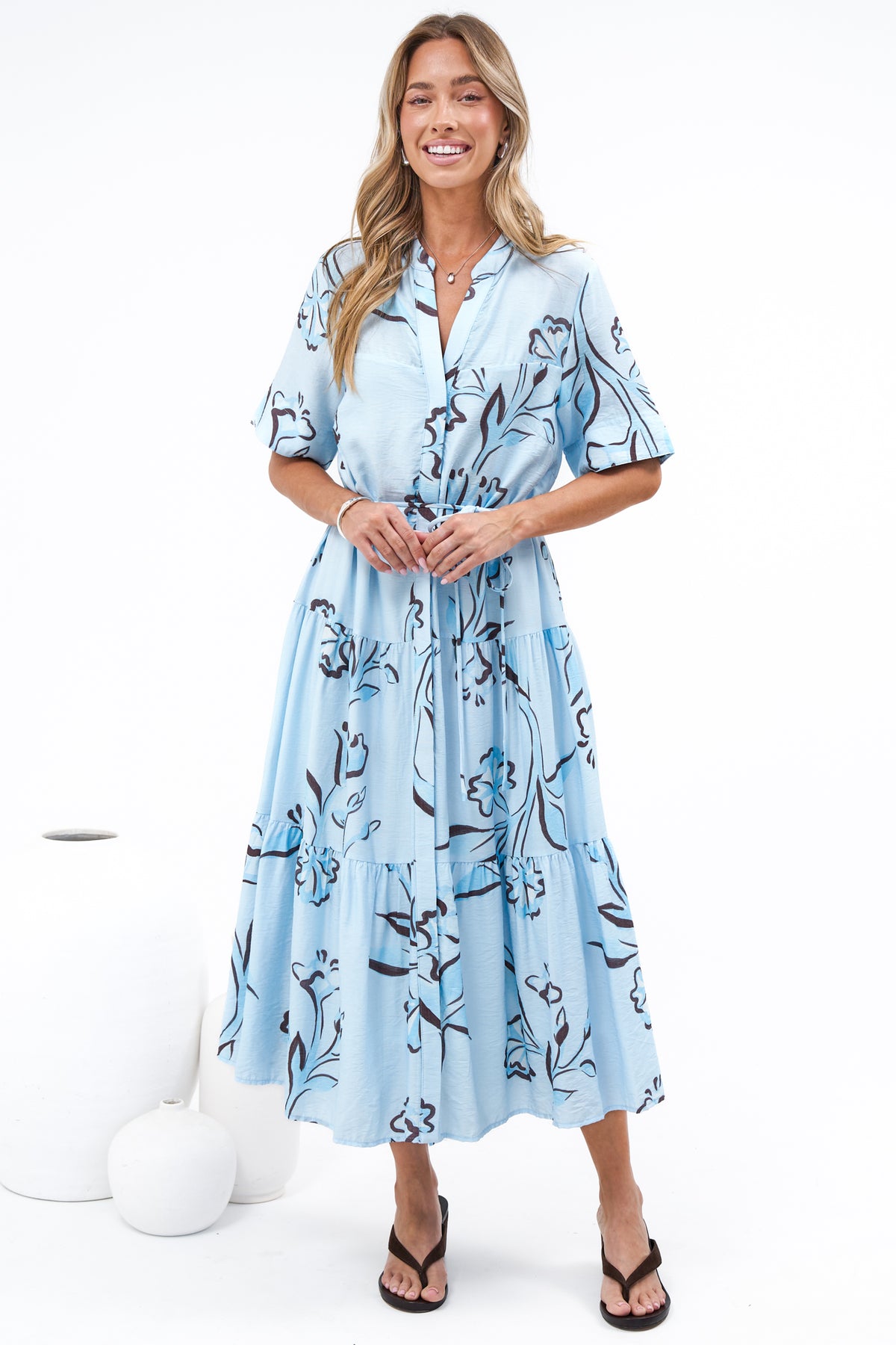 Malva Midi Dress - Split Collar Wavy Trim Detailed Shirt Dress with Waist Tie in Ocean Muse Print