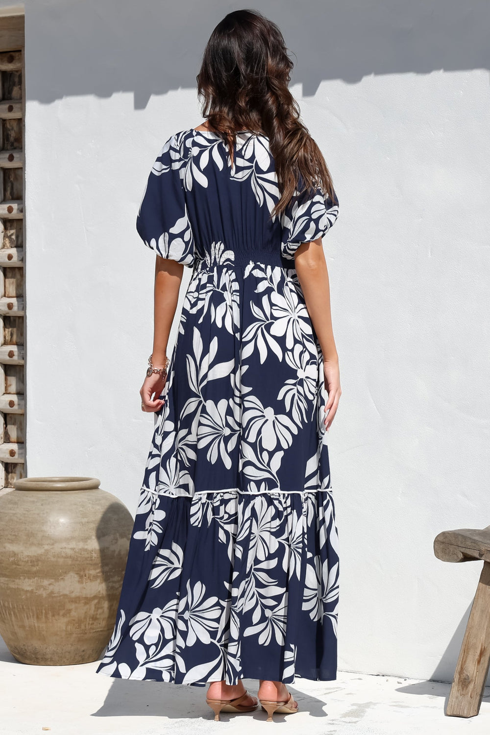 Manaya Maxi Dress - Soft V Neck Tiered Dress with Short Balloon Sleeves in Charlene Print Navy