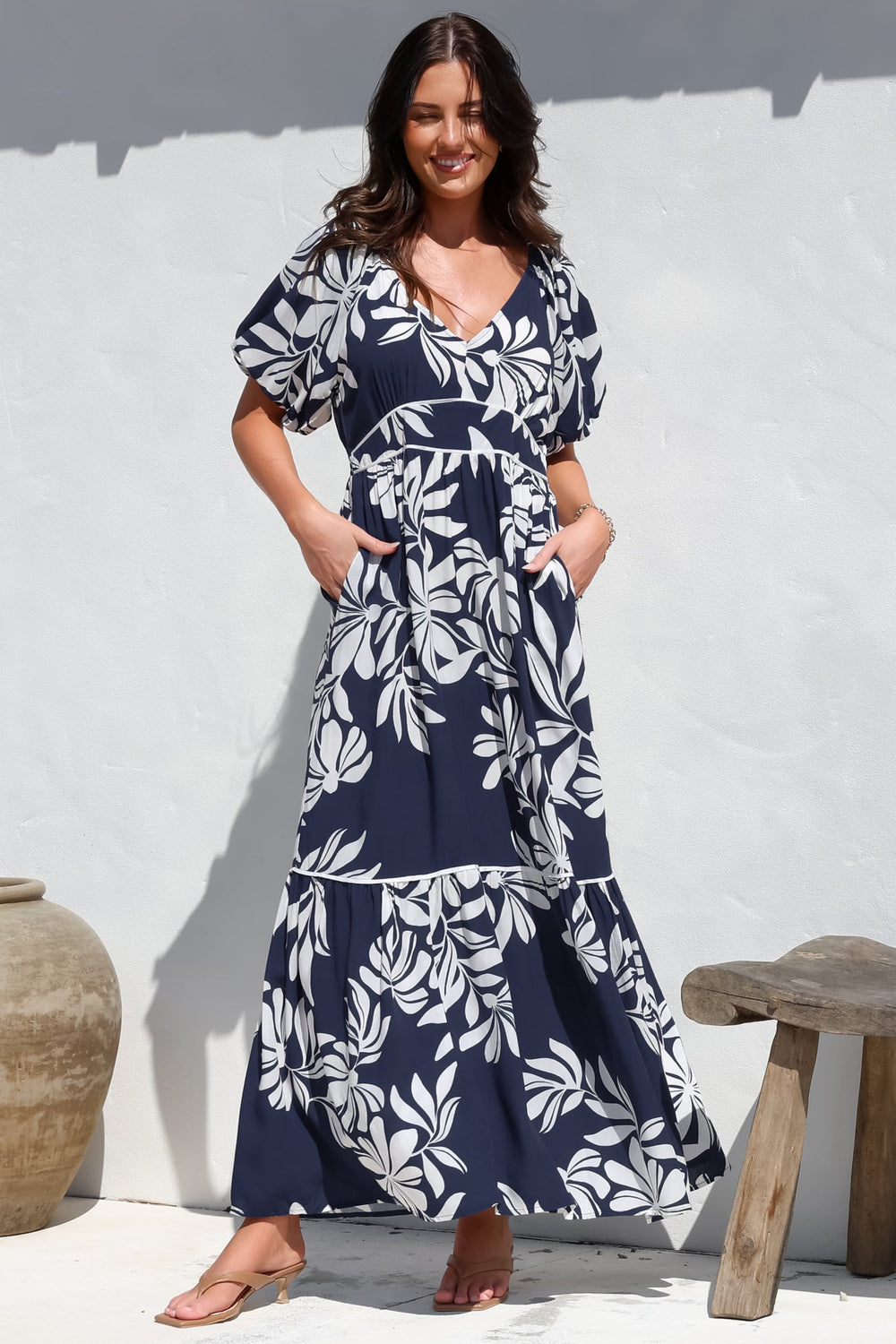 Manaya Maxi Dress - Soft V Neck Tiered Dress with Short Balloon Sleeves in Charlene Print Navy