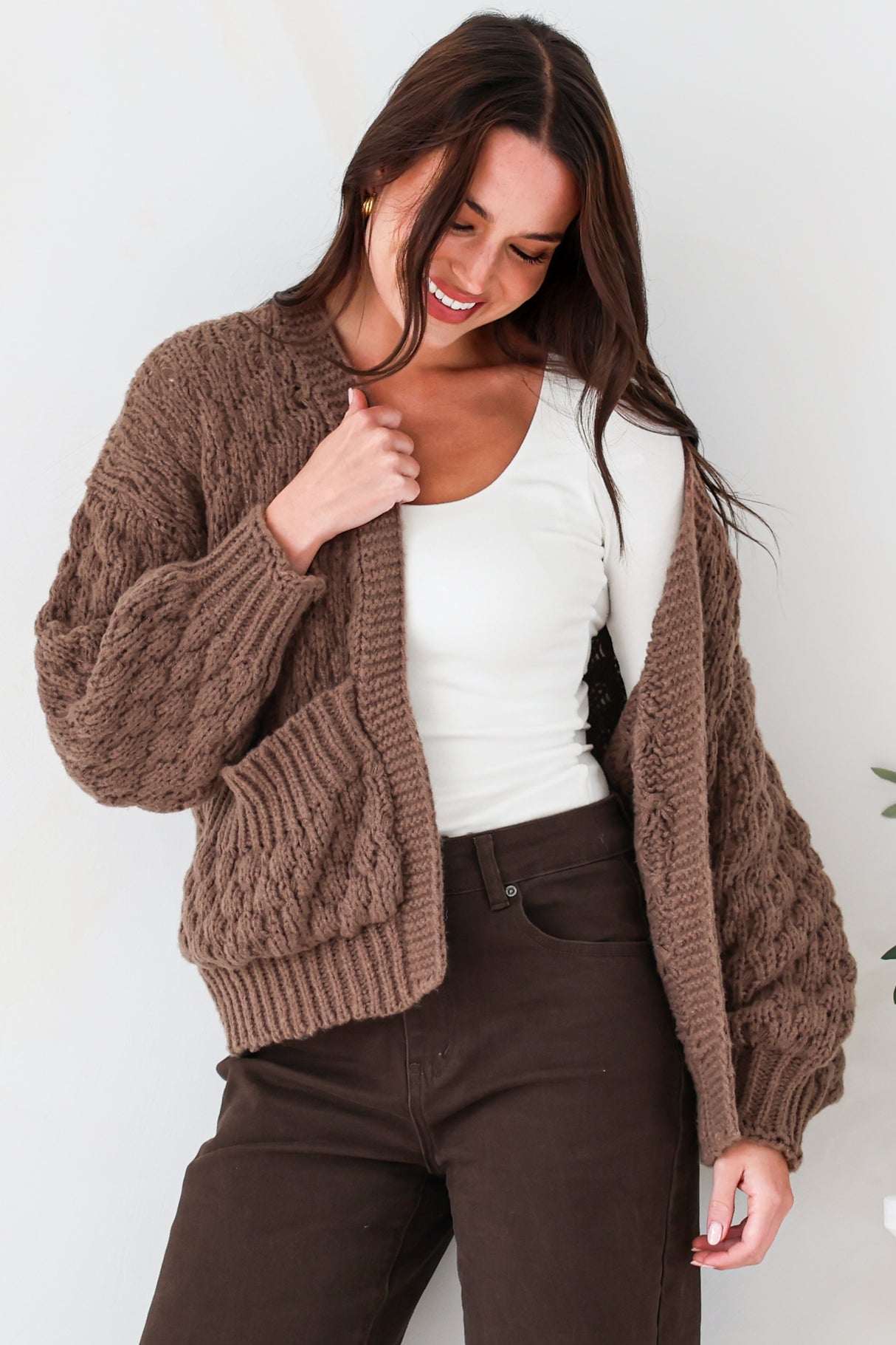 Manny Cardigan - Chunky Open Cropped Cable Knit with Rib Knit Trims and Pockets in Coffee
