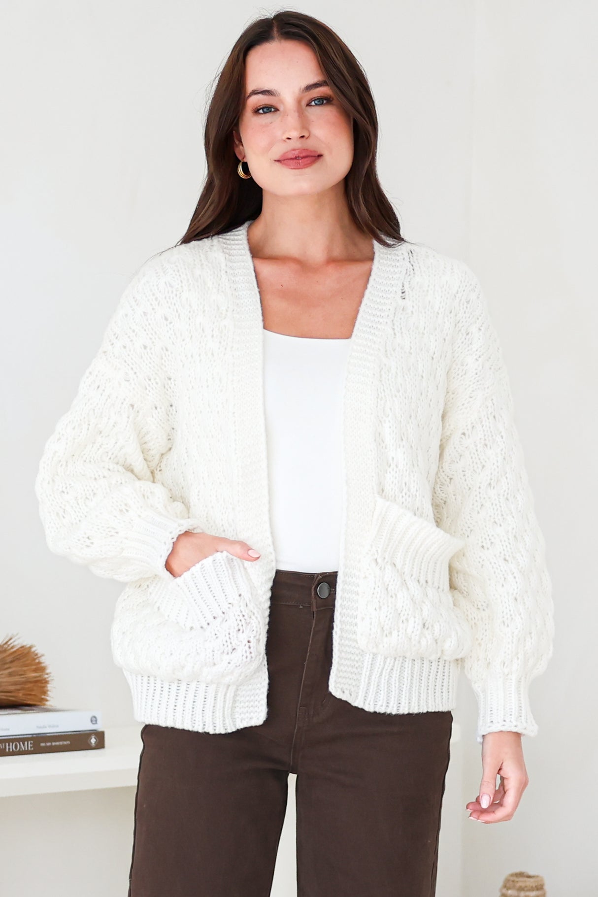 Model wearing Manny Cardigan in Cream from Salty Crush