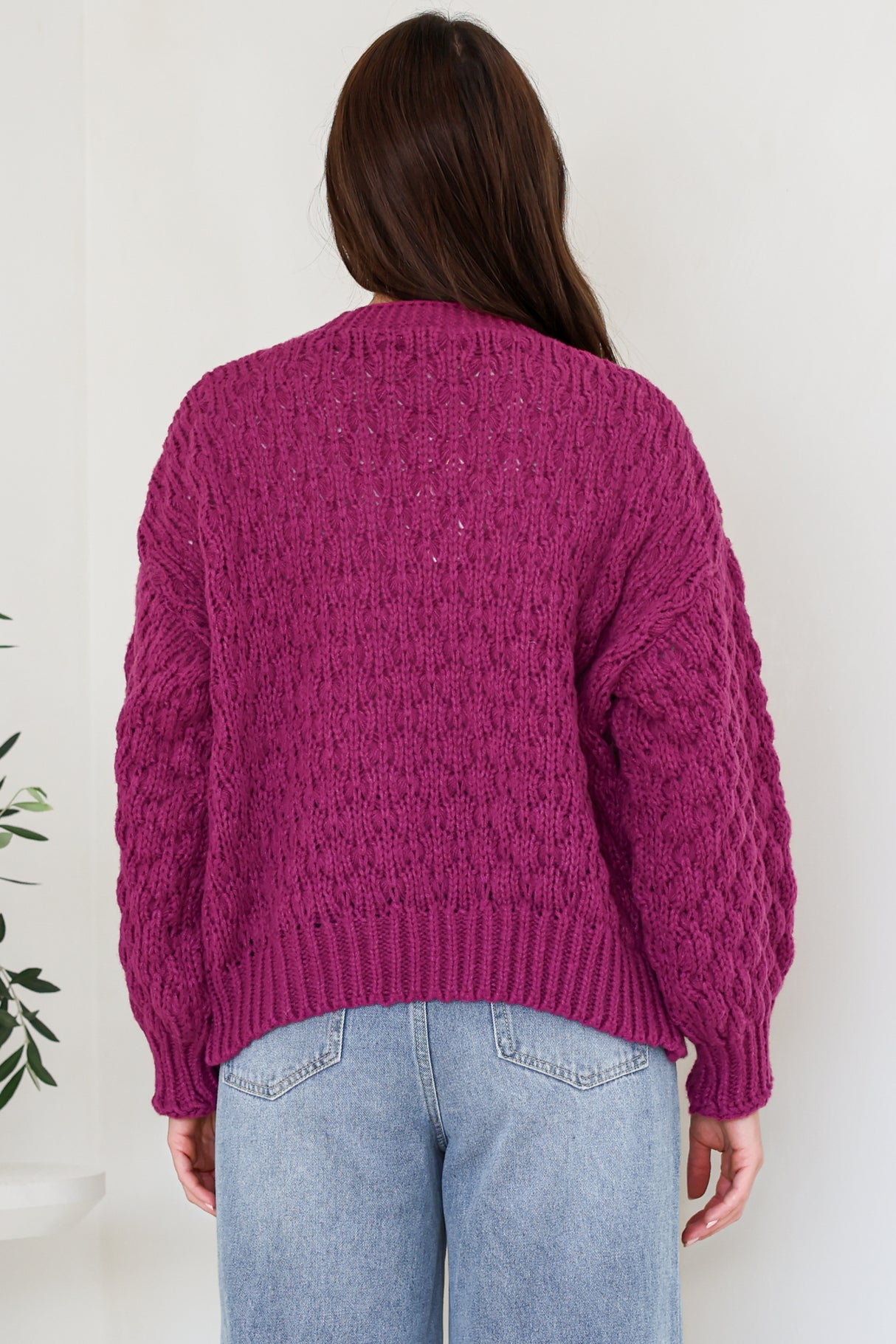 Manny Cardigan - Chunky Open Cropped Cable Knit with Rib Knit Trims and Pockets in Grape