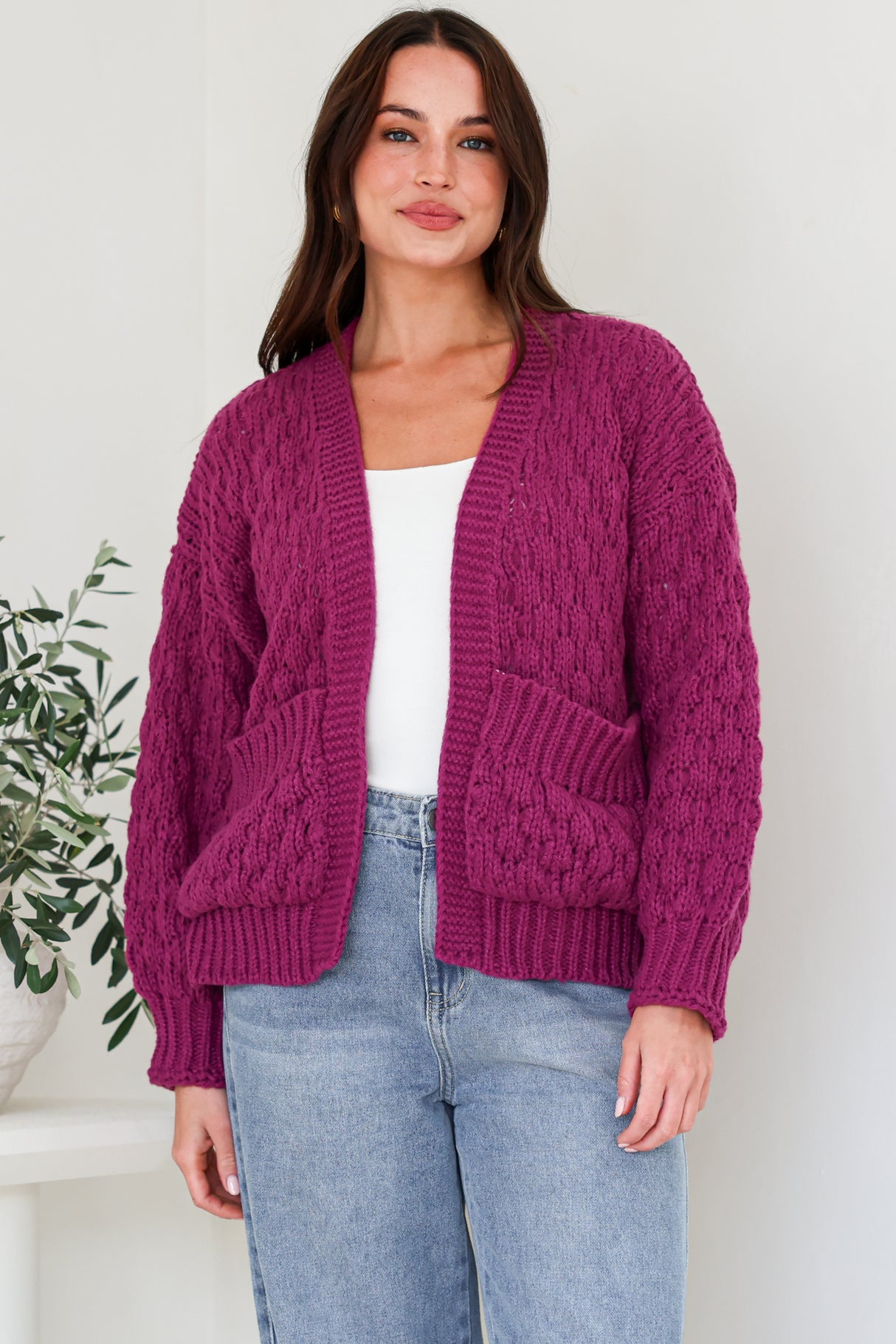 Manny Cardigan - Chunky Open Cropped Cable Knit with Rib Knit Trims and Pockets in Grape
