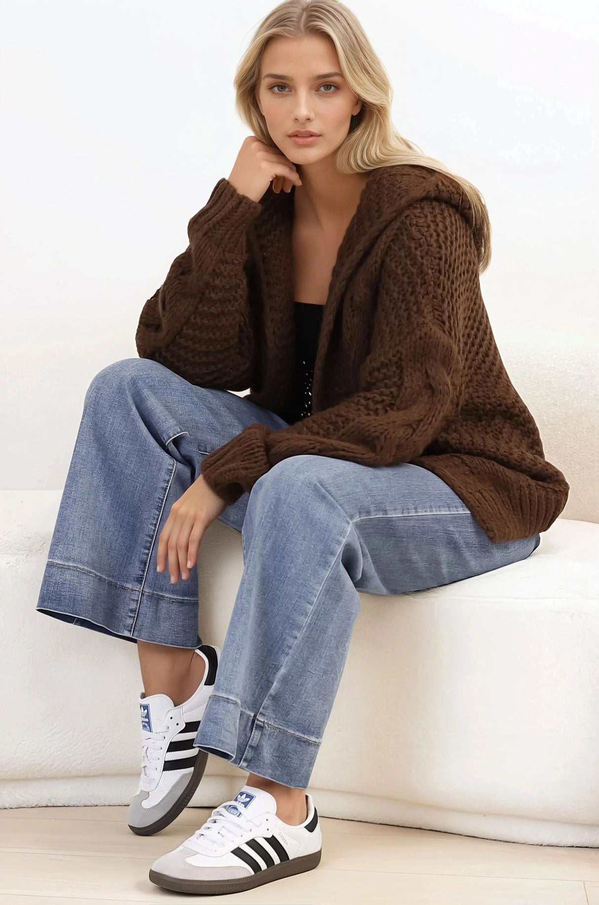 Maple Knit - Chunky Cable Knit Hooded Crop Cardigan in Brown