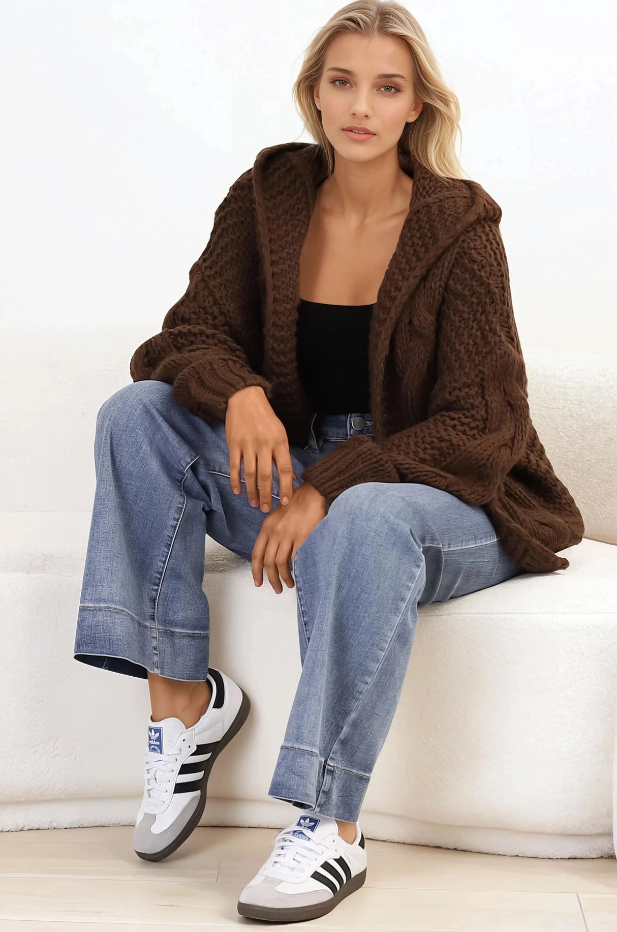 Maple Knit - Chunky Cable Knit Hooded Crop Cardigan in Brown