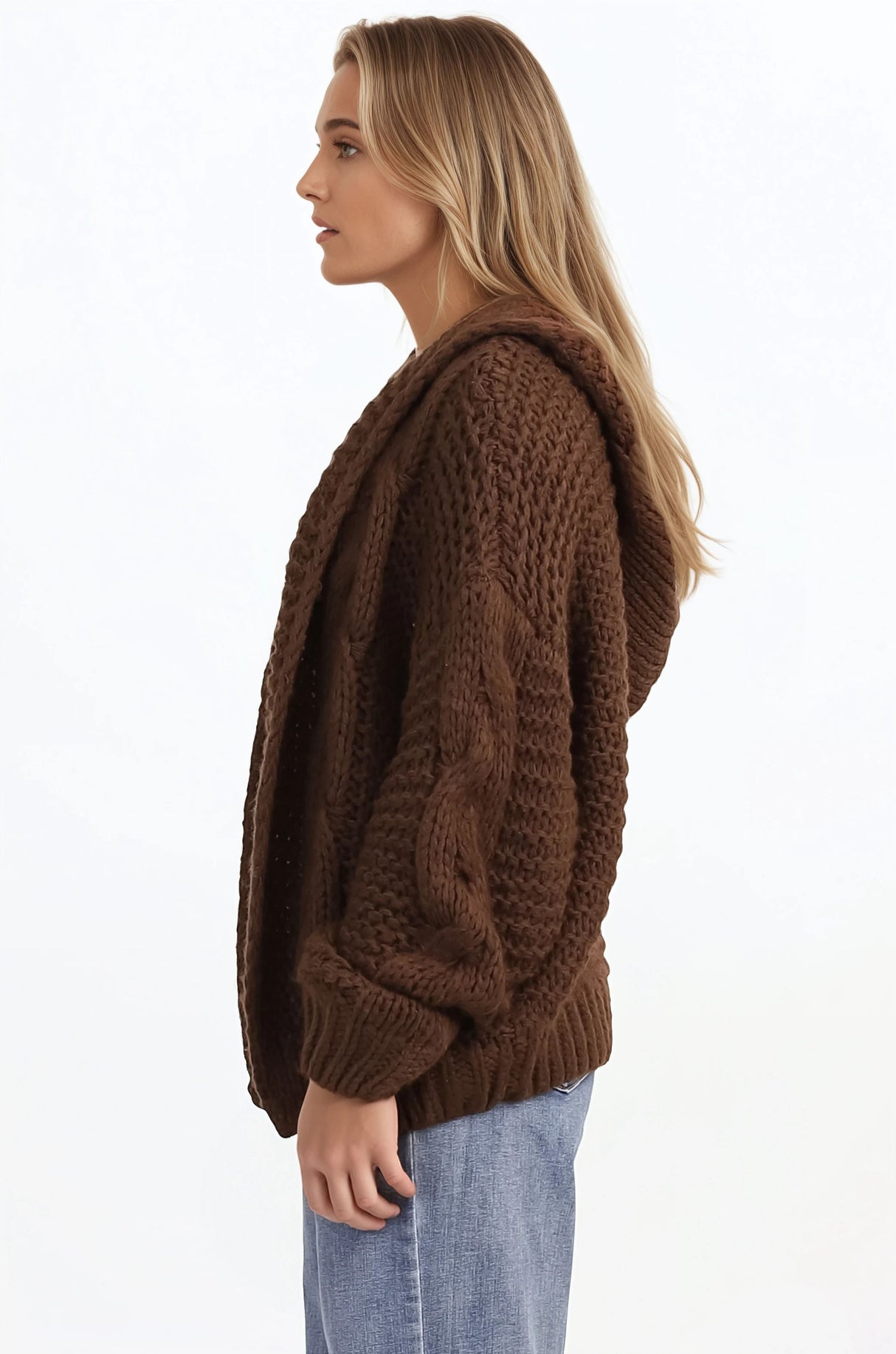 Maple Knit - Chunky Cable Knit Hooded Crop Cardigan in Brown