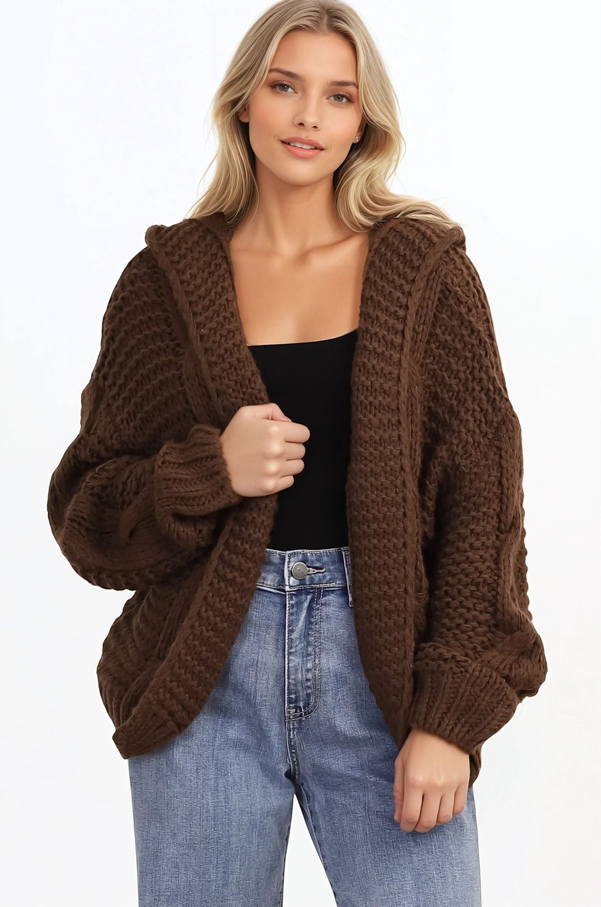 Maple Knit - Chunky Cable Knit Hooded Crop Cardigan in Brown