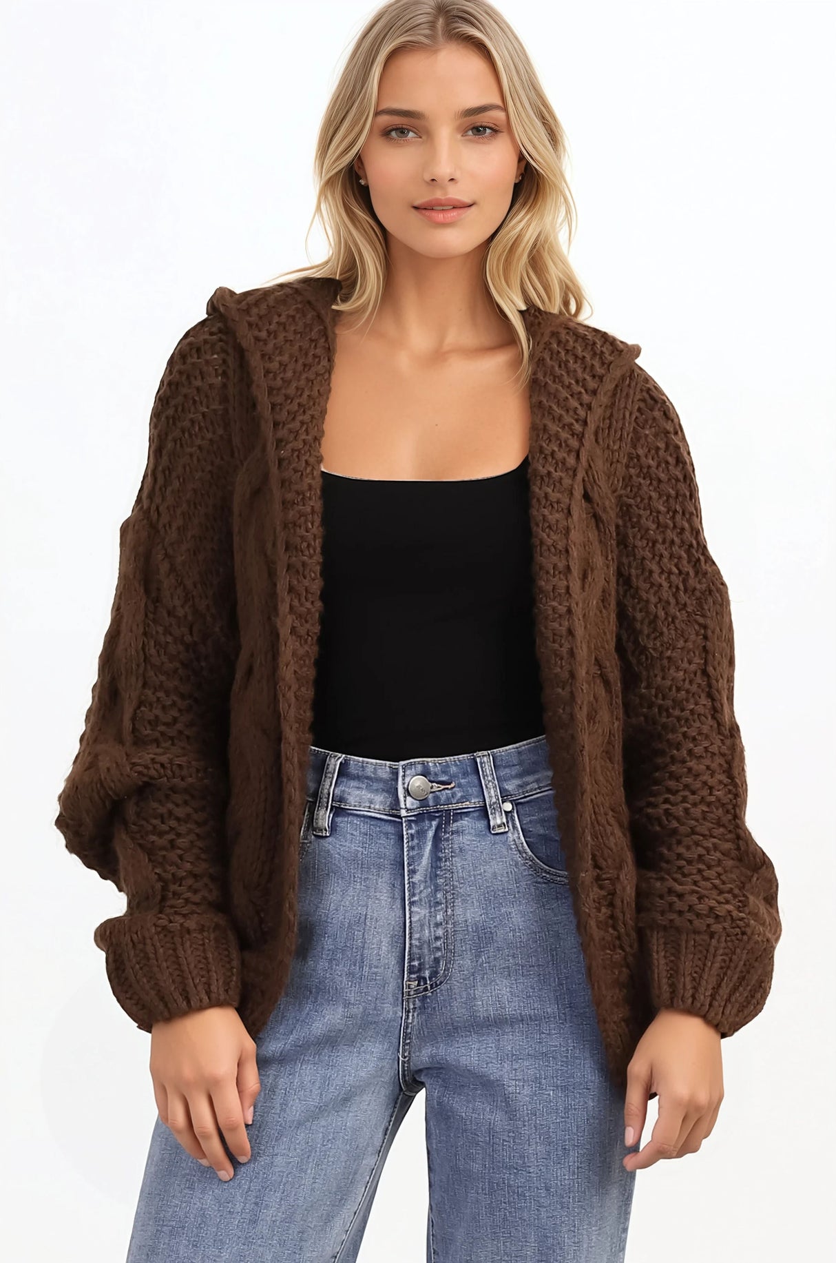 Maple Knit - Chunky Cable Knit Hooded Crop Cardigan in Brown