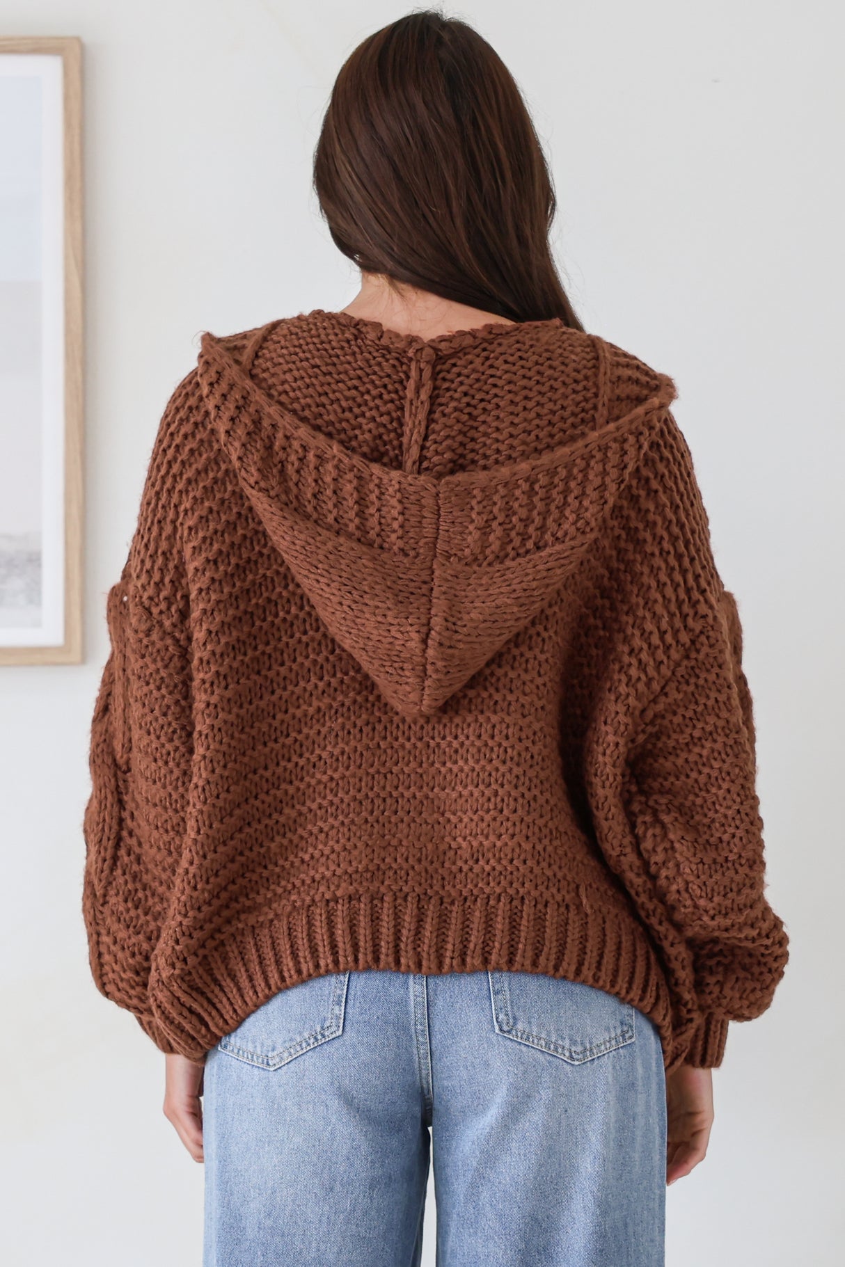 Maple Knit - Chunky Cable Knit Hooded Crop Cardigan in Coffee