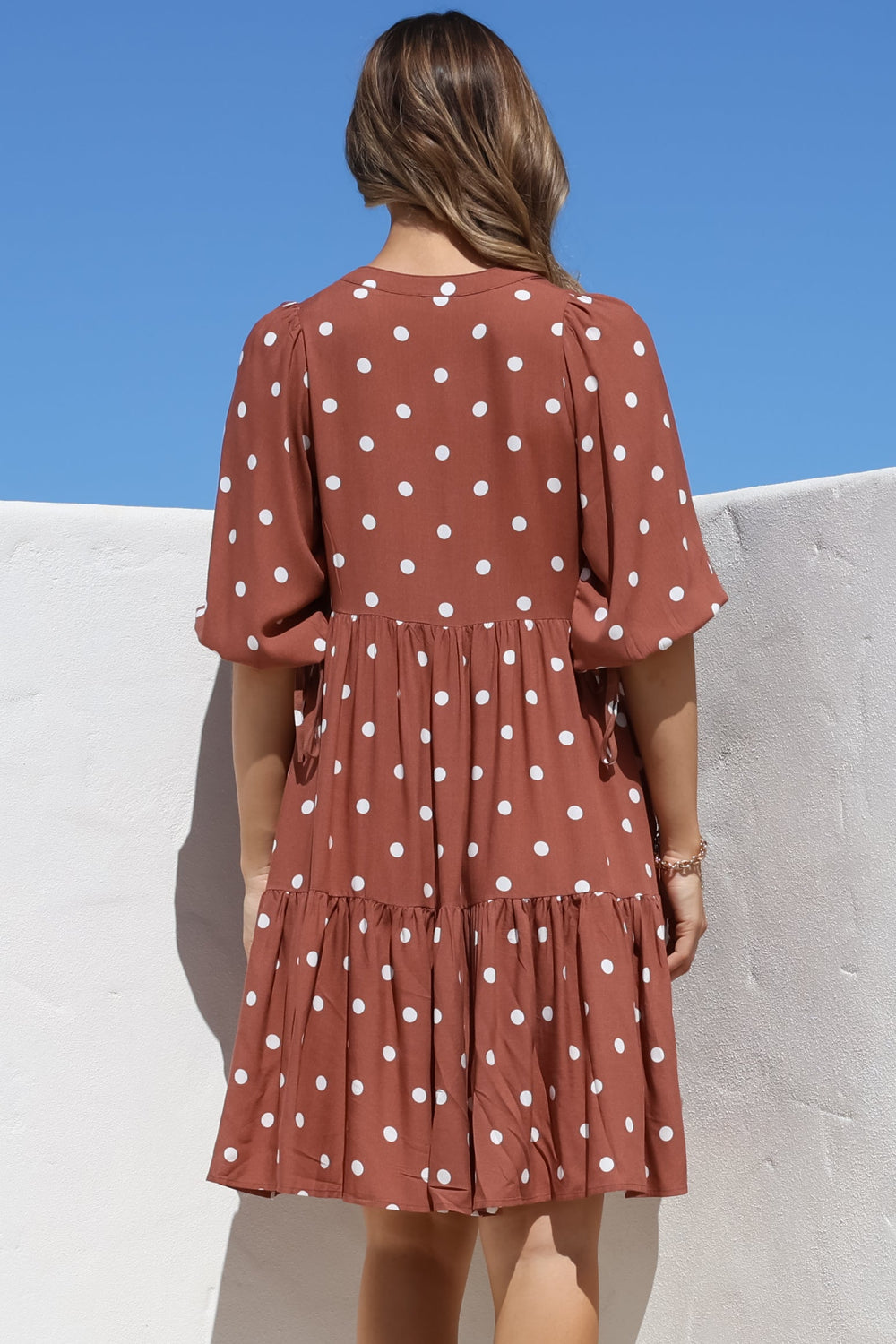 Marah Mini Dress - Mandarin Collar Short Sleeve with Tie Smock Dress in Parisian Polka Rust
