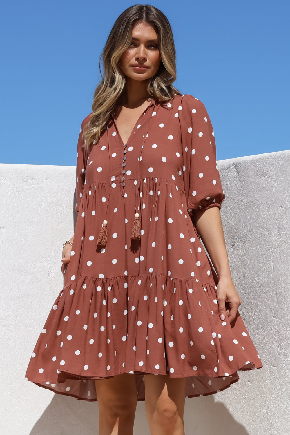 Marah Mini Dress - Mandarin Collar Short Sleeve with Tie Smock Dress in Parisian Polka Rust