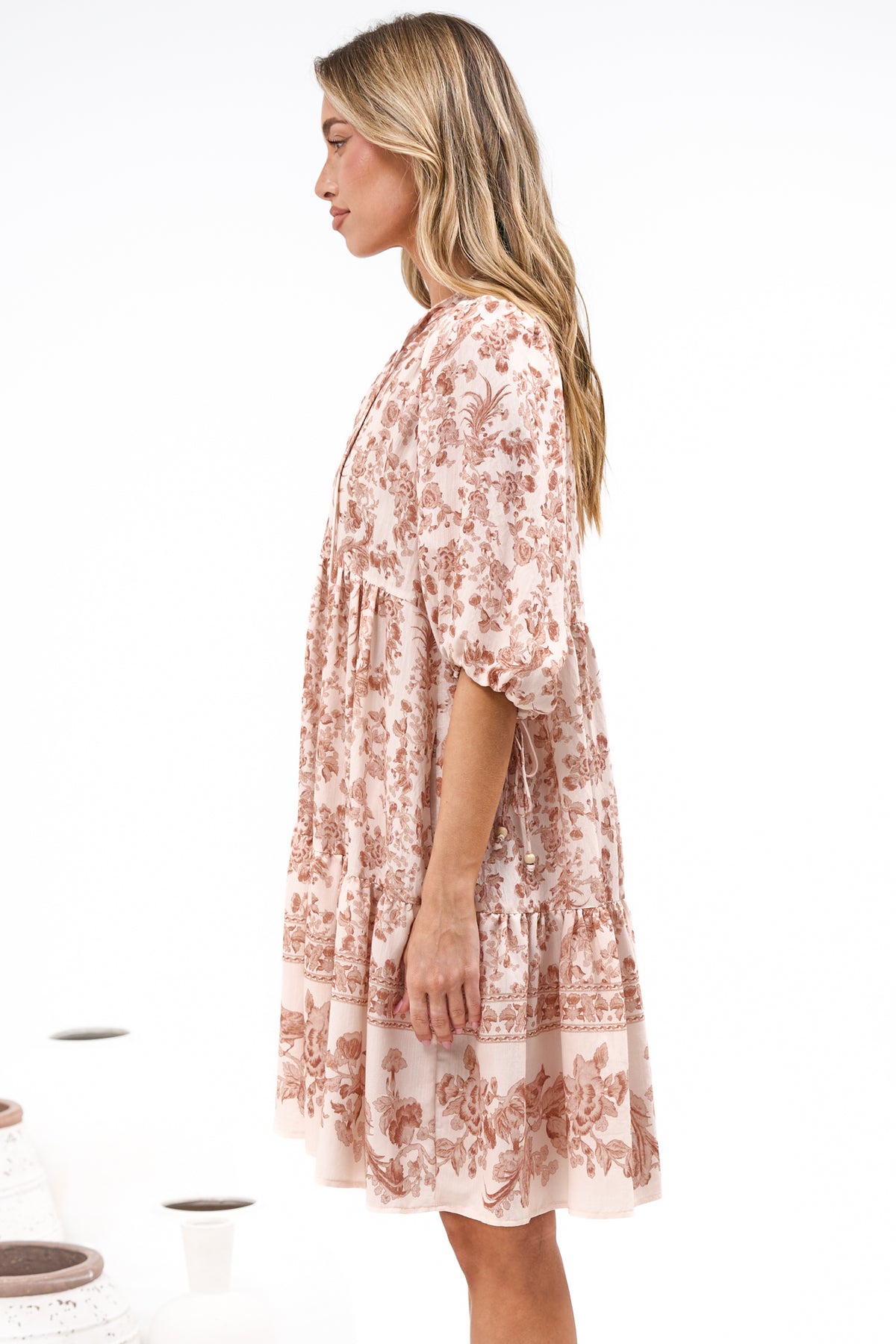 Marah Mini Dress - Mandarin Collar Short Sleeve with Tie Smock Dress in Rosette Print Beige