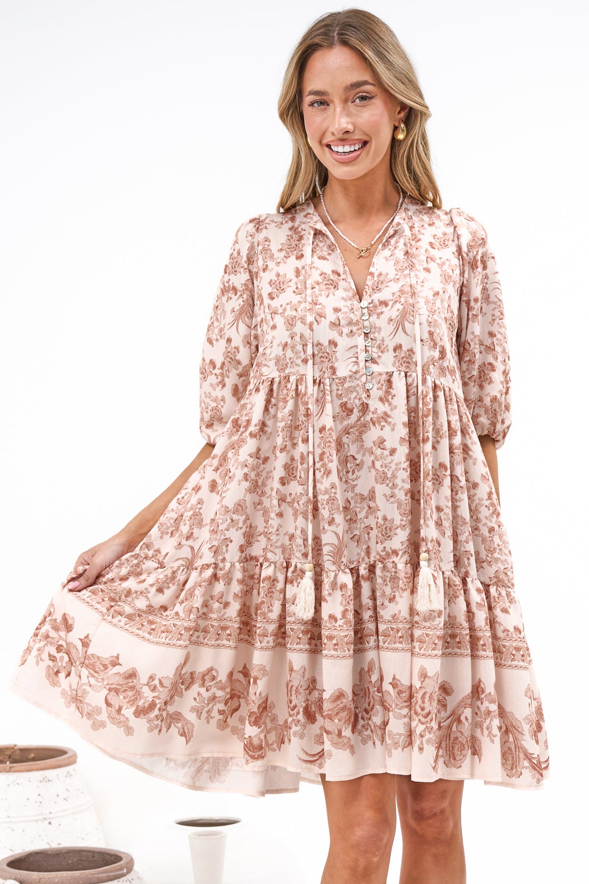 Marah Mini Dress - Mandarin Collar Short Sleeve with Tie Smock Dress in Rosette Print Beige