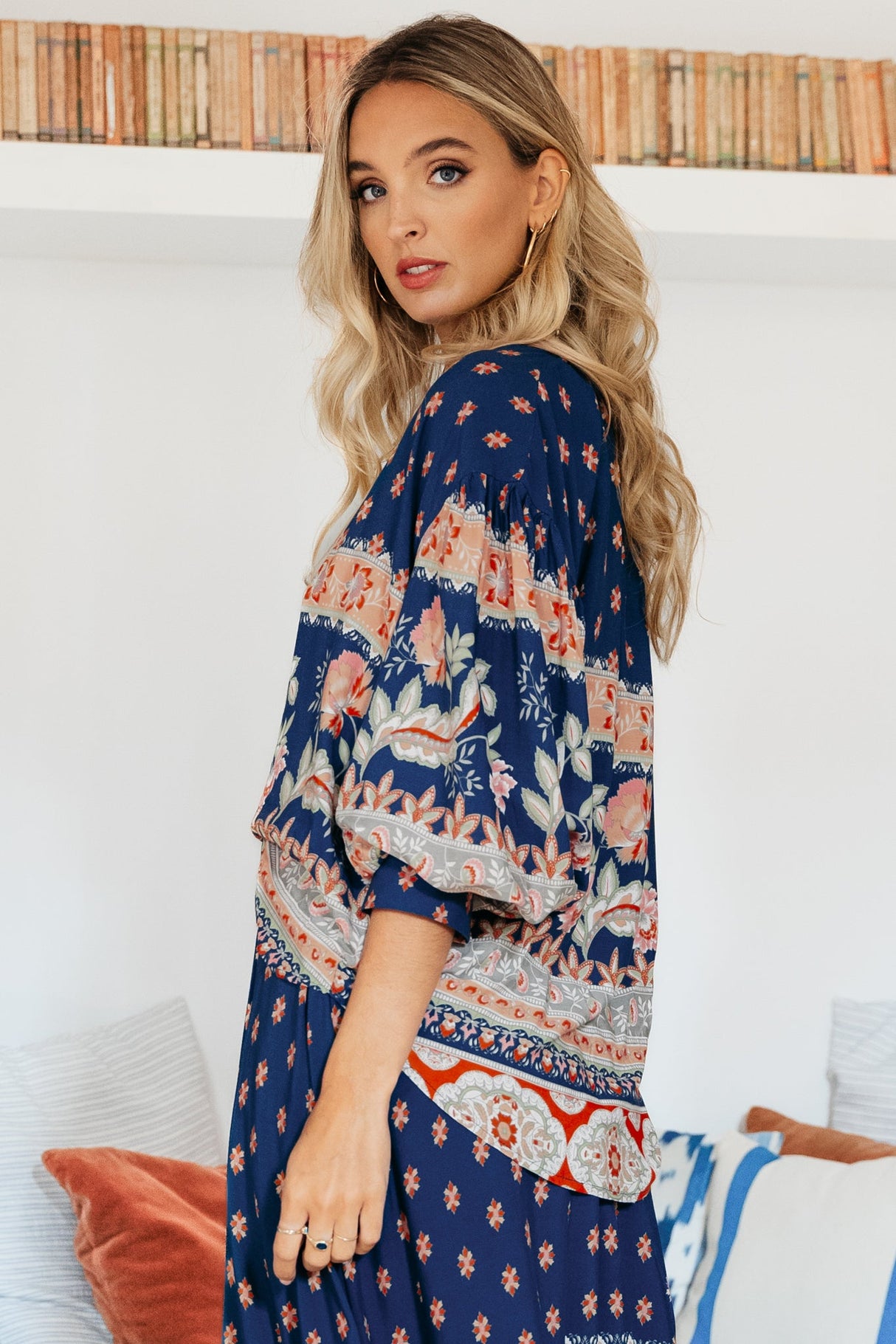 JAASE - Marfa Top: V Neck Pull Over Blouse with Neck Tie in Asha Print