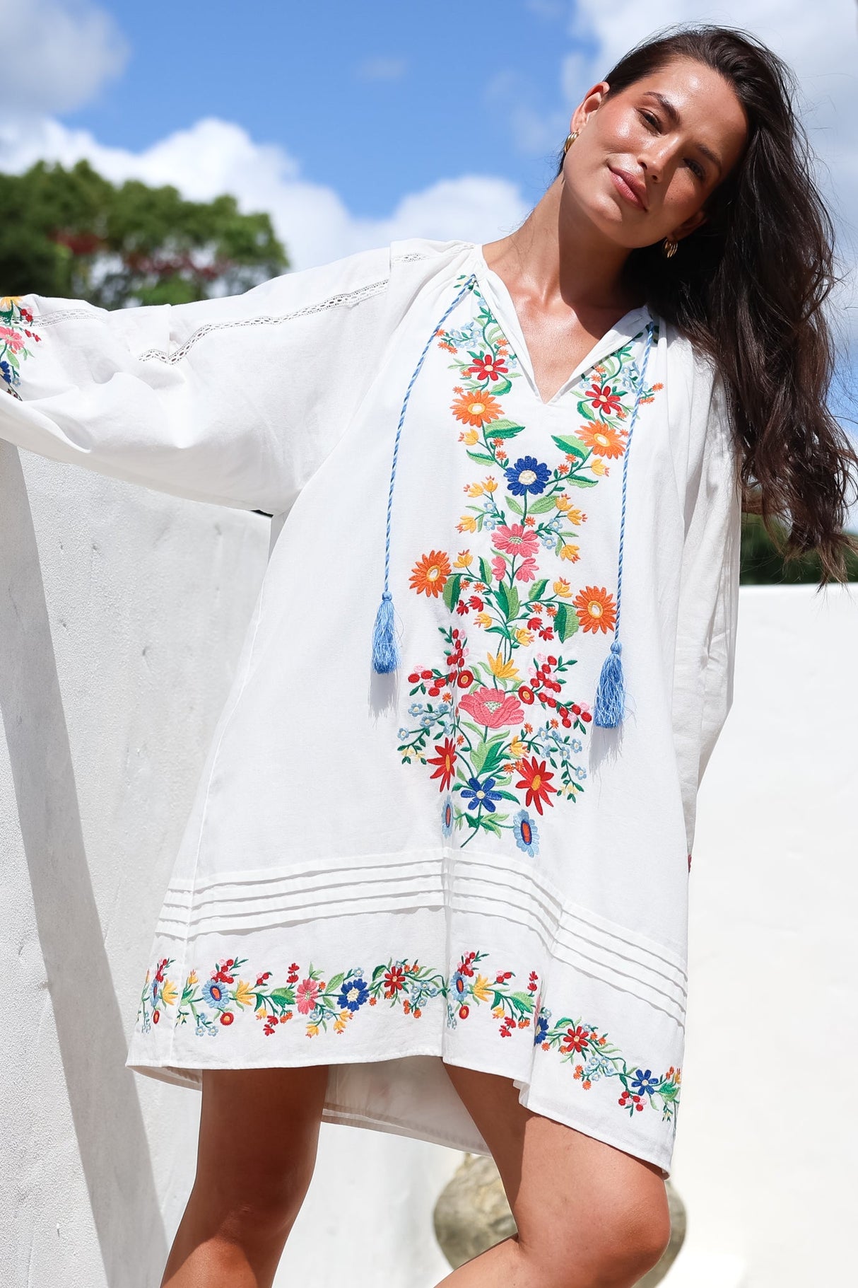 Margerie Long Sleeve Mini Dress - V-Neck Multicoloured Floral Embroidered Shift Dress in White