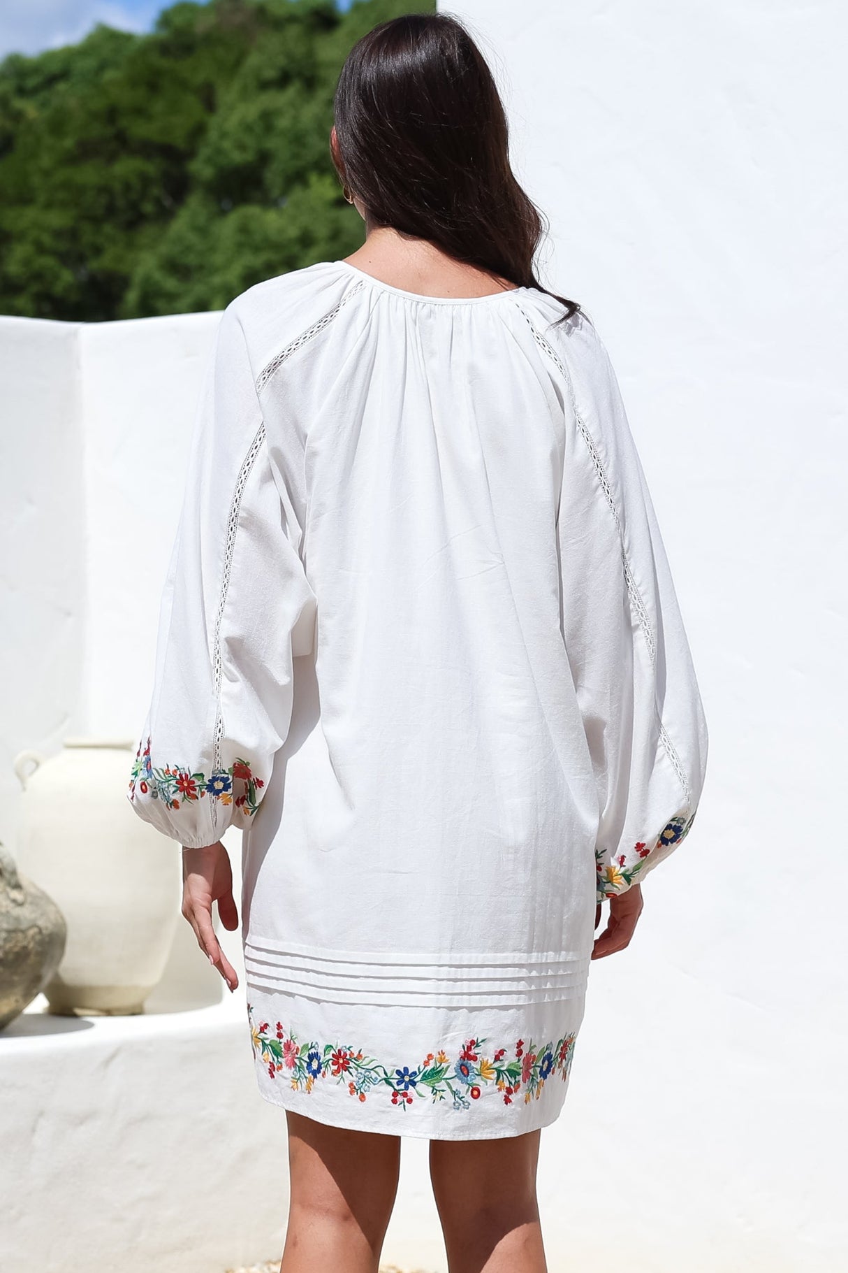 Margerie Long Sleeve Mini Dress - V-Neck Multicoloured Floral Embroidered Shift Dress in White