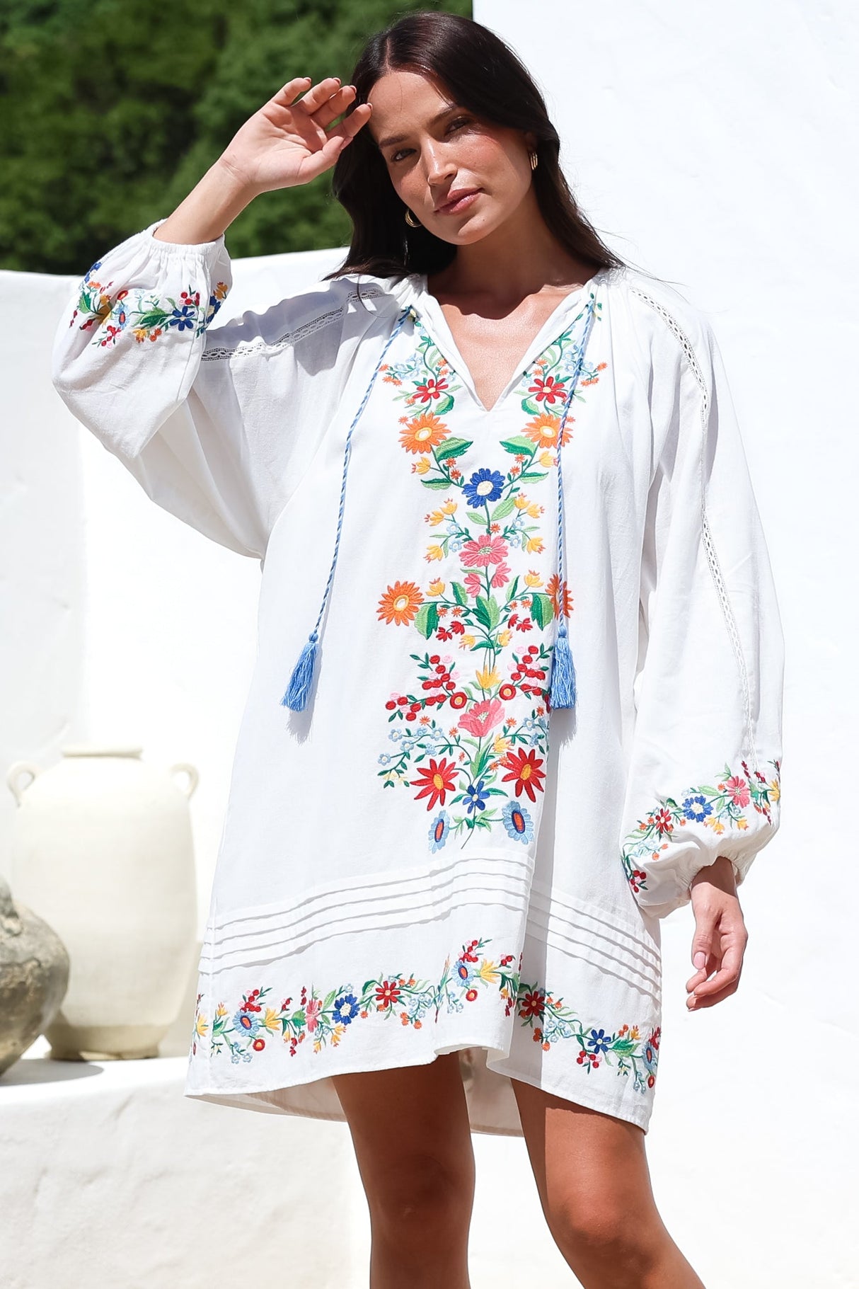 Margerie Long Sleeve Mini Dress - V-Neck Multicoloured Floral Embroidered Shift Dress in White