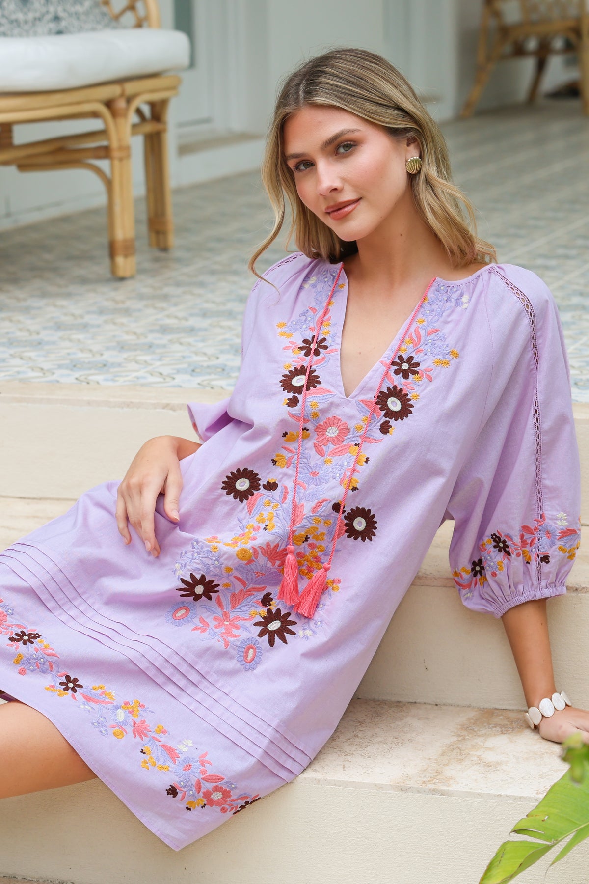 Margerie Mini Dress - Floral Embroidered Shift Dress with Balloon Sleeves in Lilac